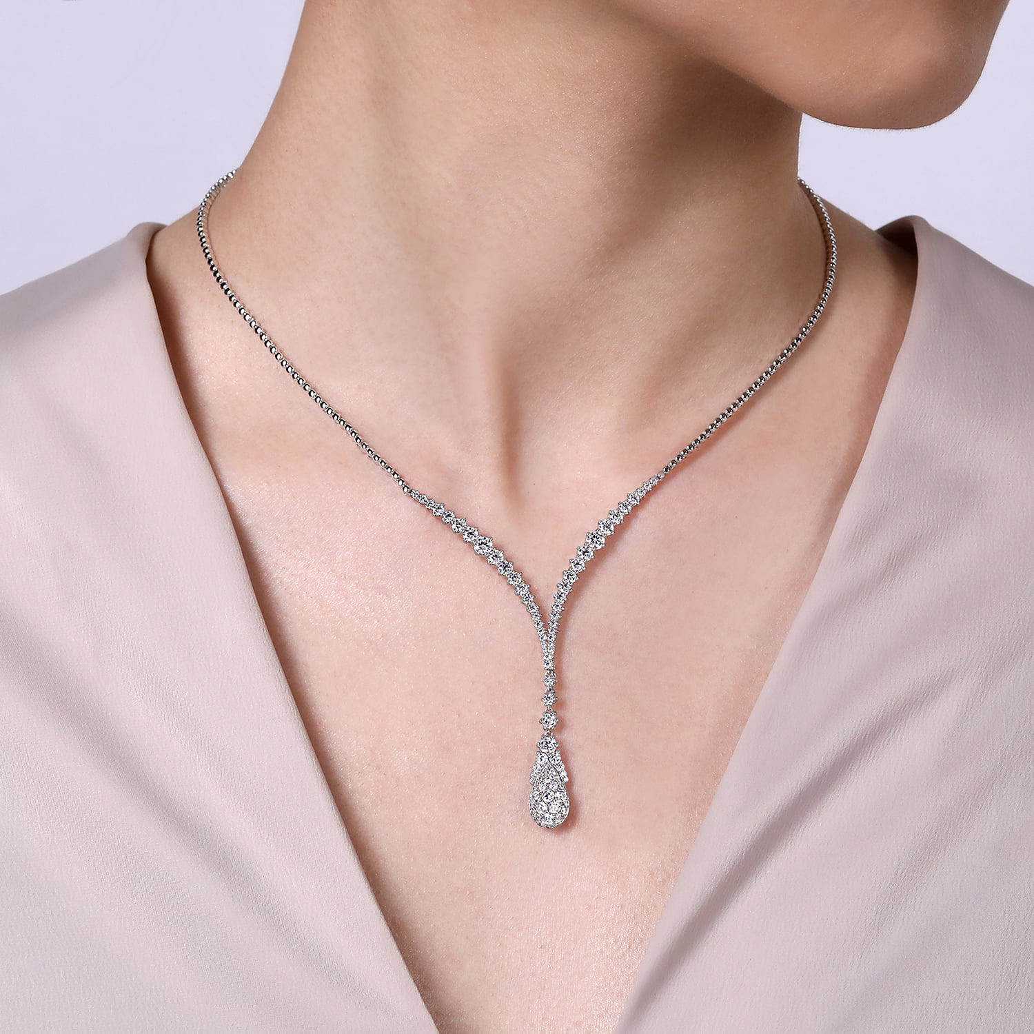 Diamond Cluster Teardrop and Chevron Necklace in 18K White Gold, photograph 3