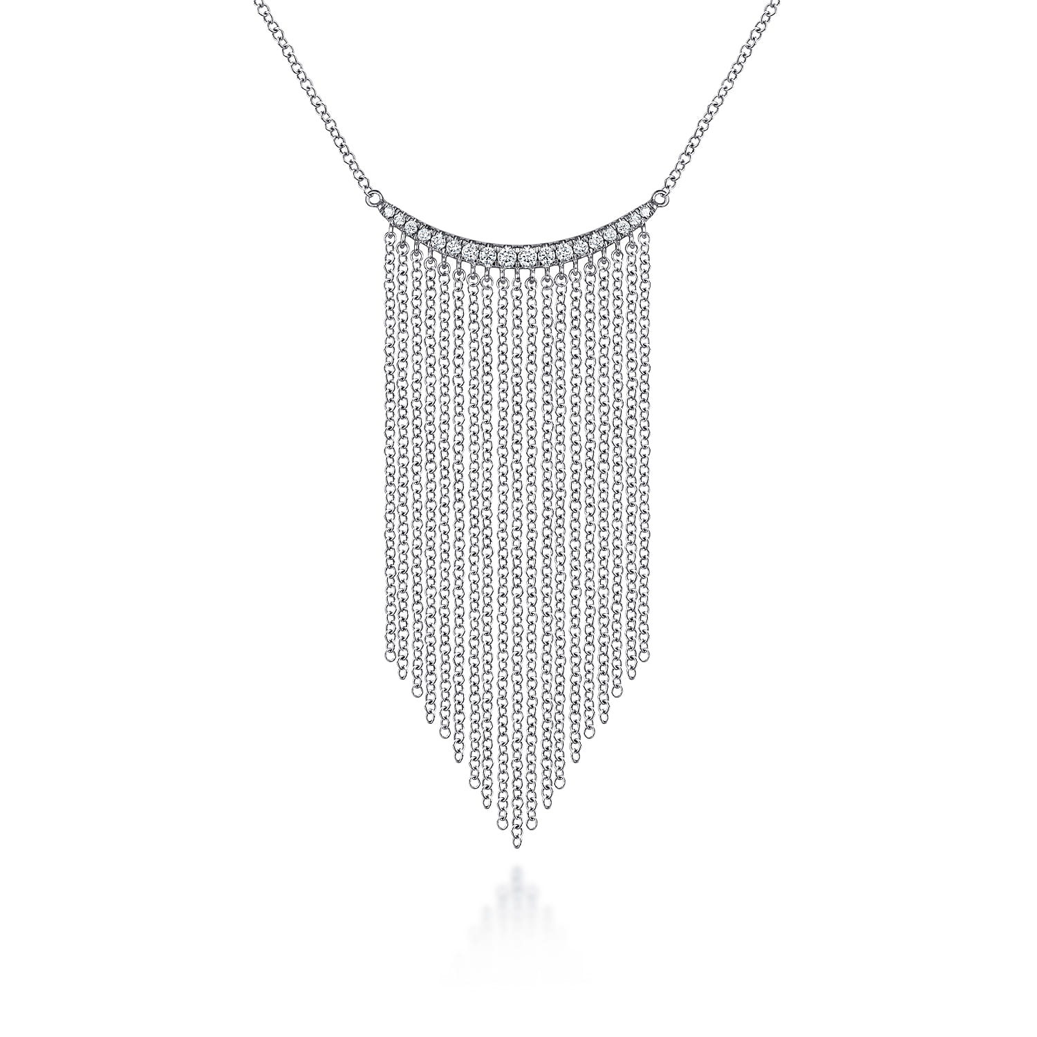 Diamond Curved Bar and Waterfall Chain Necklace in 14K White Gold