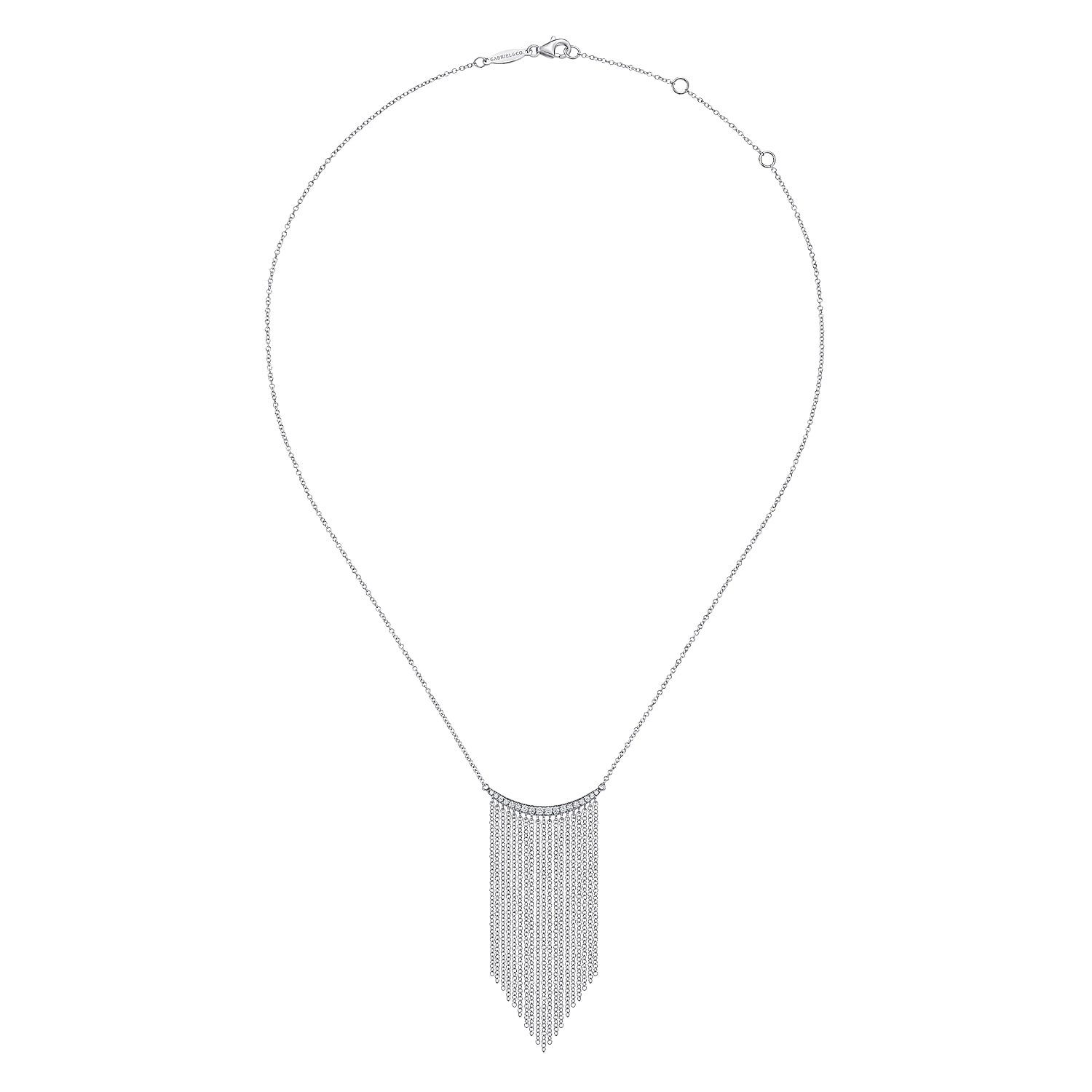 Diamond Curved Bar and Waterfall Chain Necklace in 14K White Gold, photograph 2