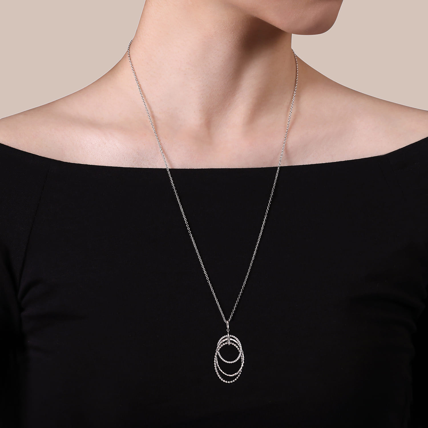 24 Inch White Sapphire Layered Ovals Pendant Necklace in Sterling Silver, photograph 3