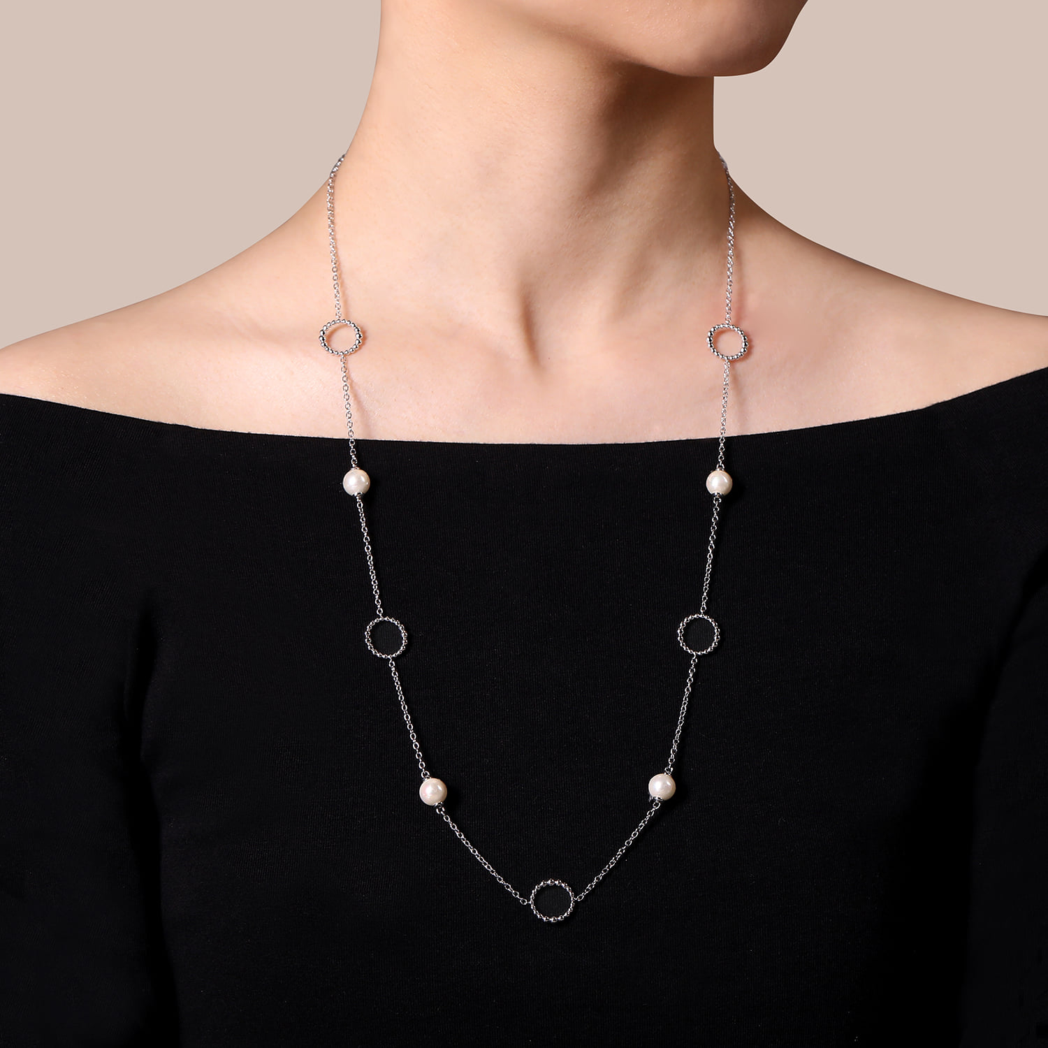 Pearl and Open Circle Station Necklace in Sterling Silver, photograph 3