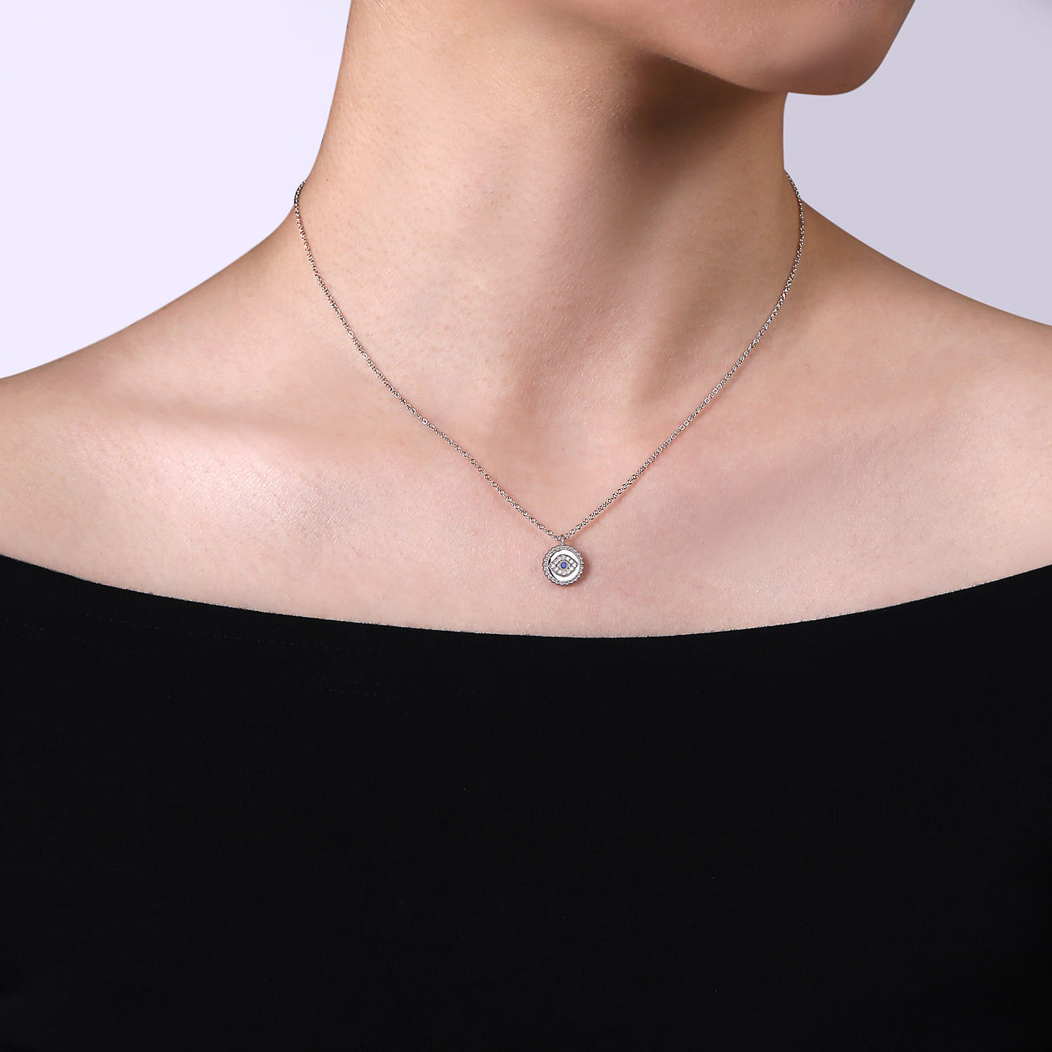 Sapphire and Diamond Evil Eye Pendant Necklace in Sterling Silver, photograph 3