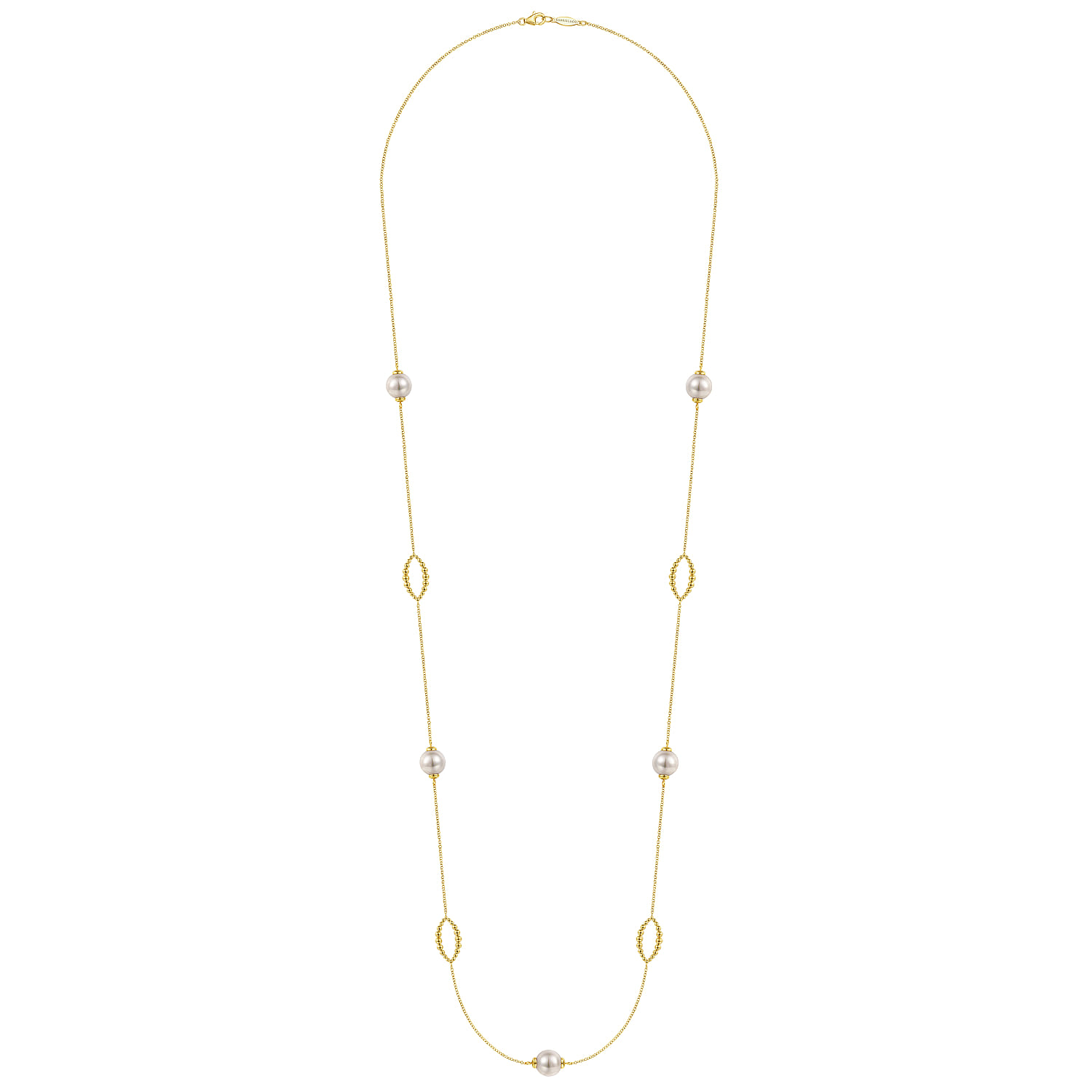 32 Inch Pearl and Bujukan Ovals Station Necklace in 14K Yellow Gold, photograph 2