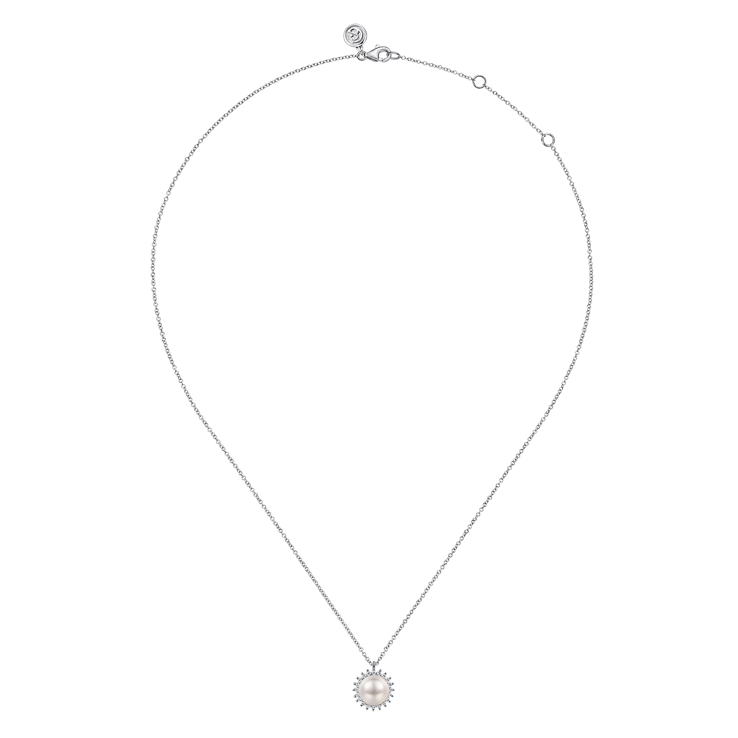Pearl with Diamond Halo Pendant Necklace in 14K White Gold, photograph 2