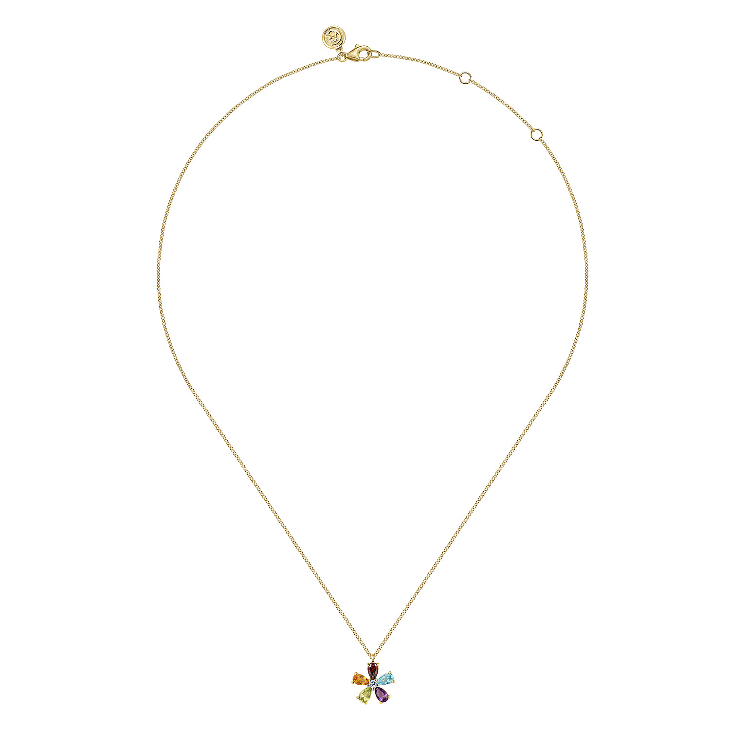 Diamond and Multi Color Amethyst Peridot Swiss Blue Topaz Garnet Citrine Floral Pendant Necklace in 14K Yellow Gold, photograph 2