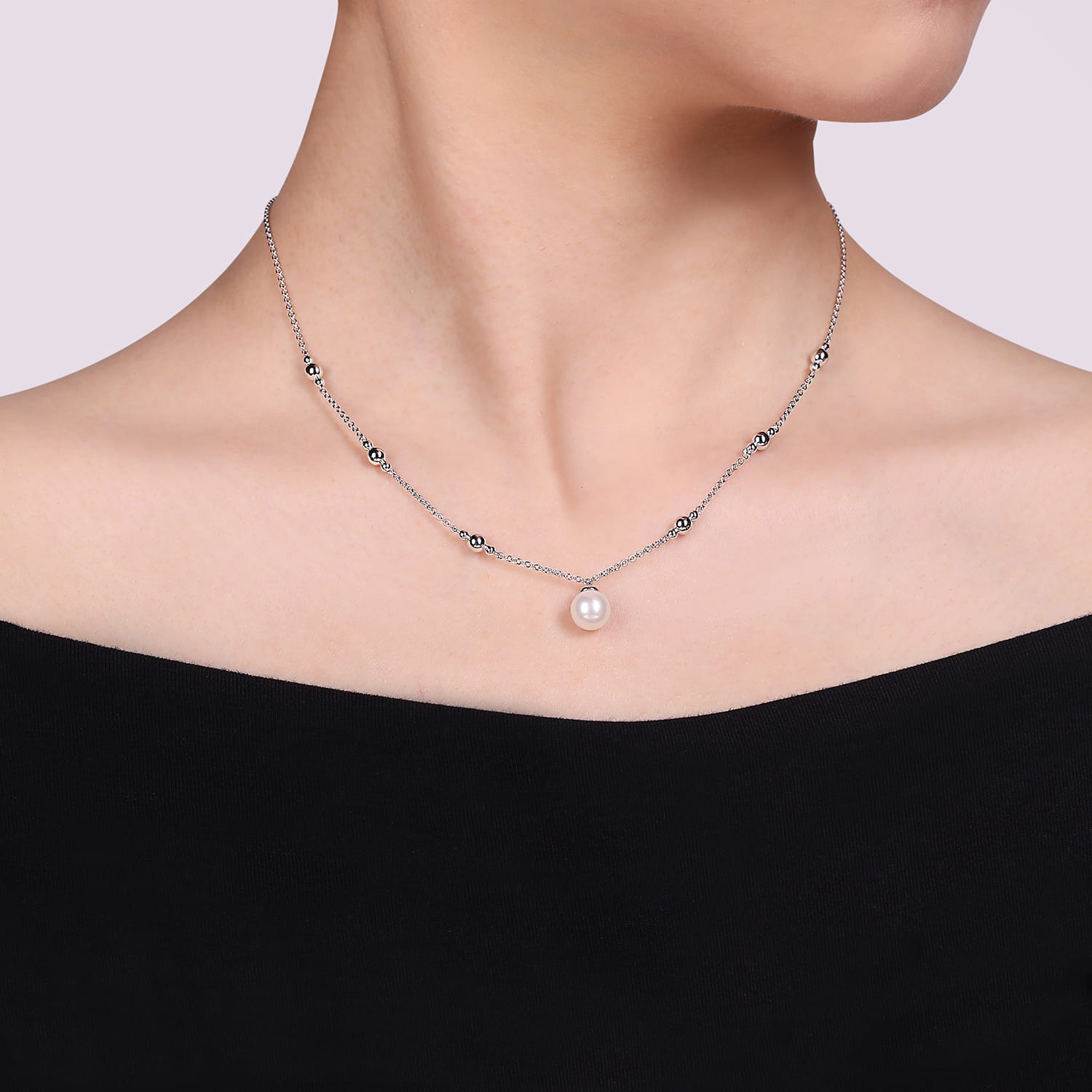 Pearl and Bujukan Beads Station Necklace in Sterling Silver, photograph 3