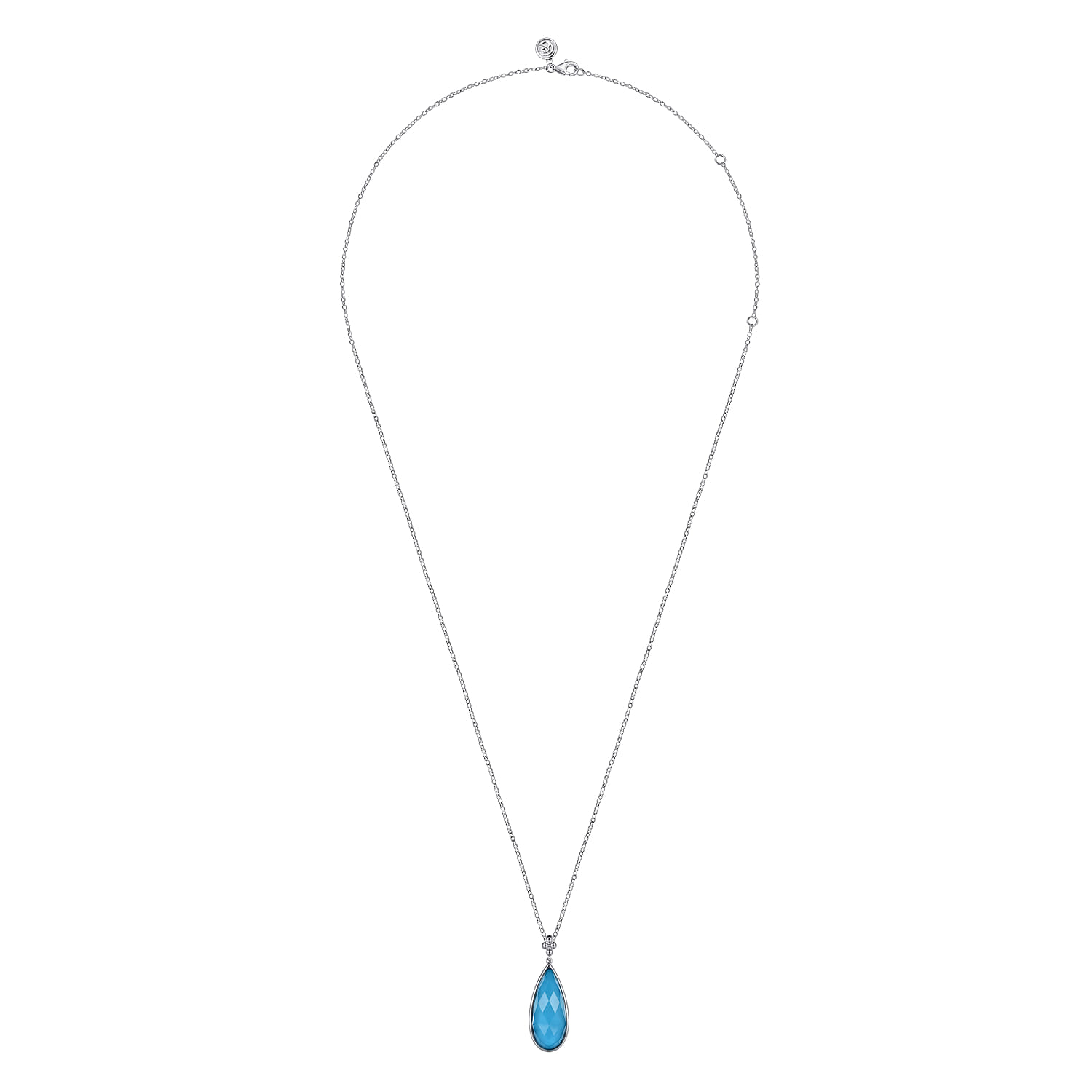 24 inch Faceted Rock Crystal Turquoise Doublet Bujukan Teardrop Necklace in Sterling Silver, photograph 2