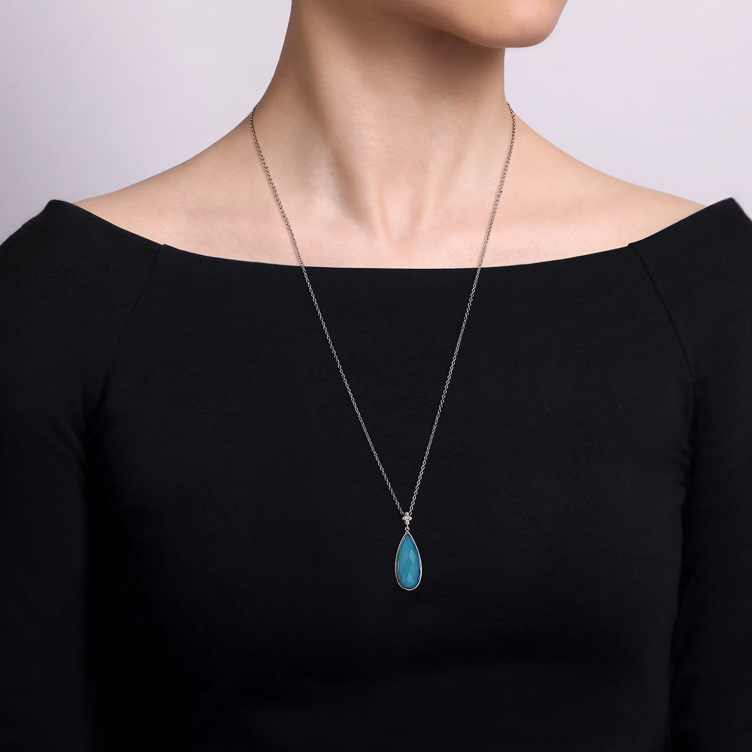 24 inch Faceted Rock Crystal Turquoise Doublet Bujukan Teardrop Necklace in Sterling Silver, photograph 3