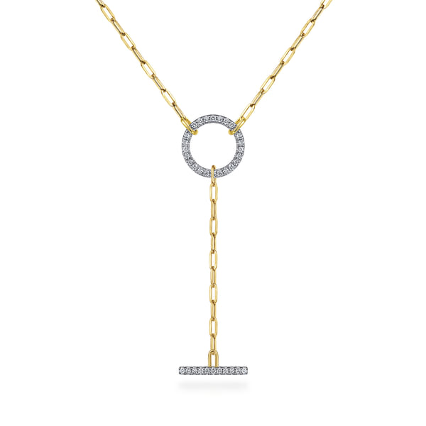 14K Yellow Gold Diamond Circle and Bar Y-Knot Necklace with Hollow Paperclip Chain