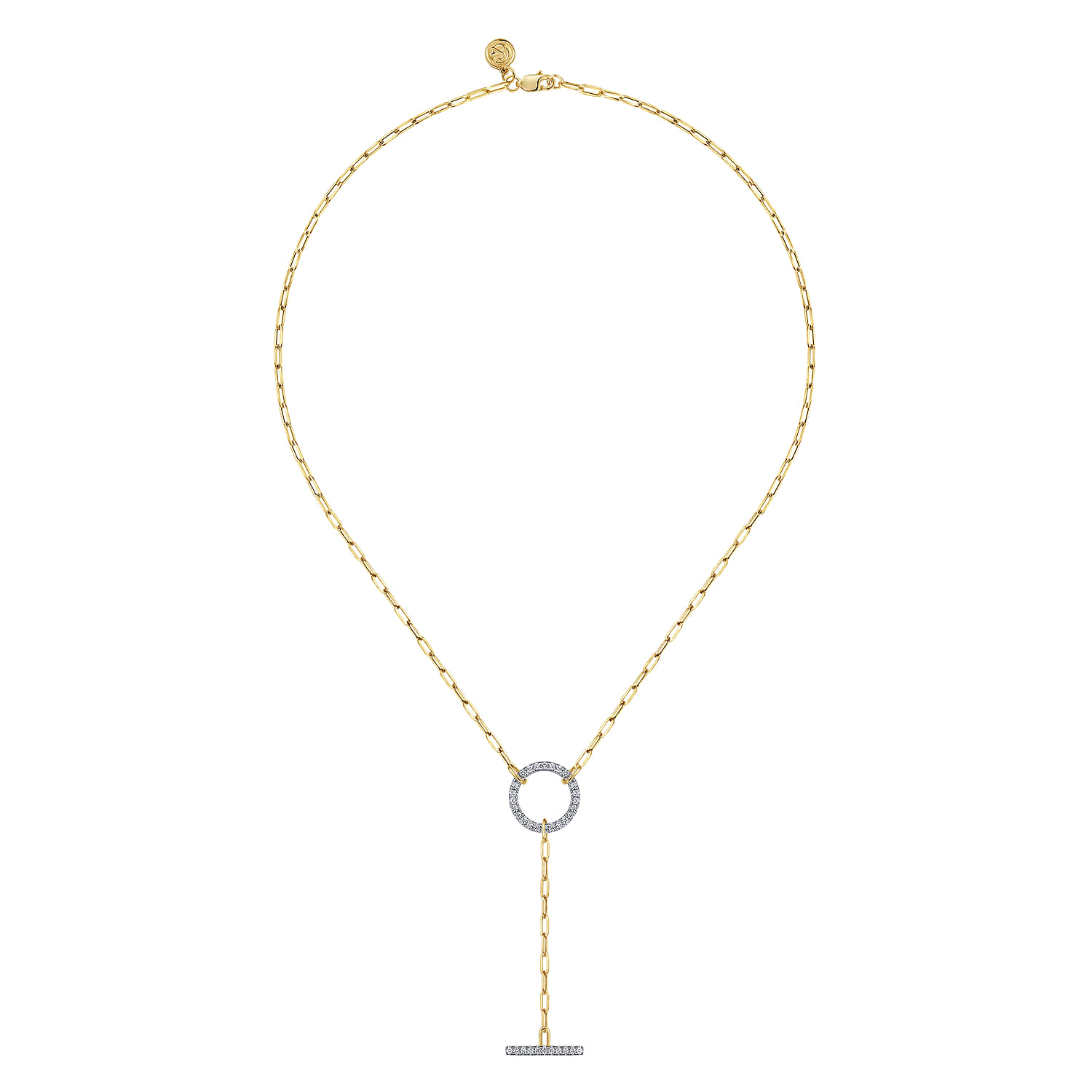 Diamond Circle and Bar Y-Knot Necklace with Hollow Paperclip Chain in 14K Yellow Gold, photograph 2