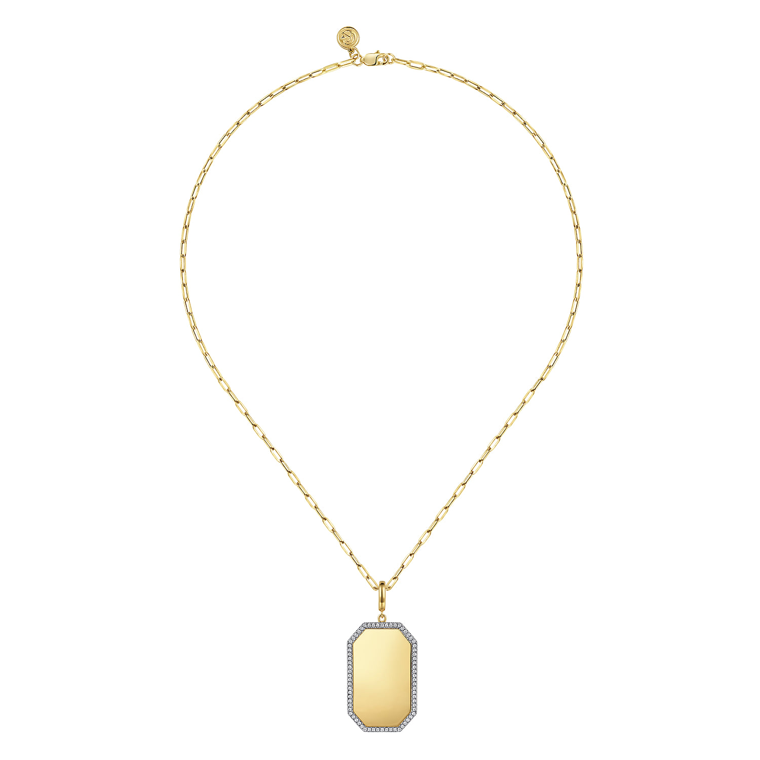 Diamond Personalized Octagonal Shaped Medallion Pendant Necklace with Hollow Paperclip Chain in 14K Yellow Gold, photograph 2