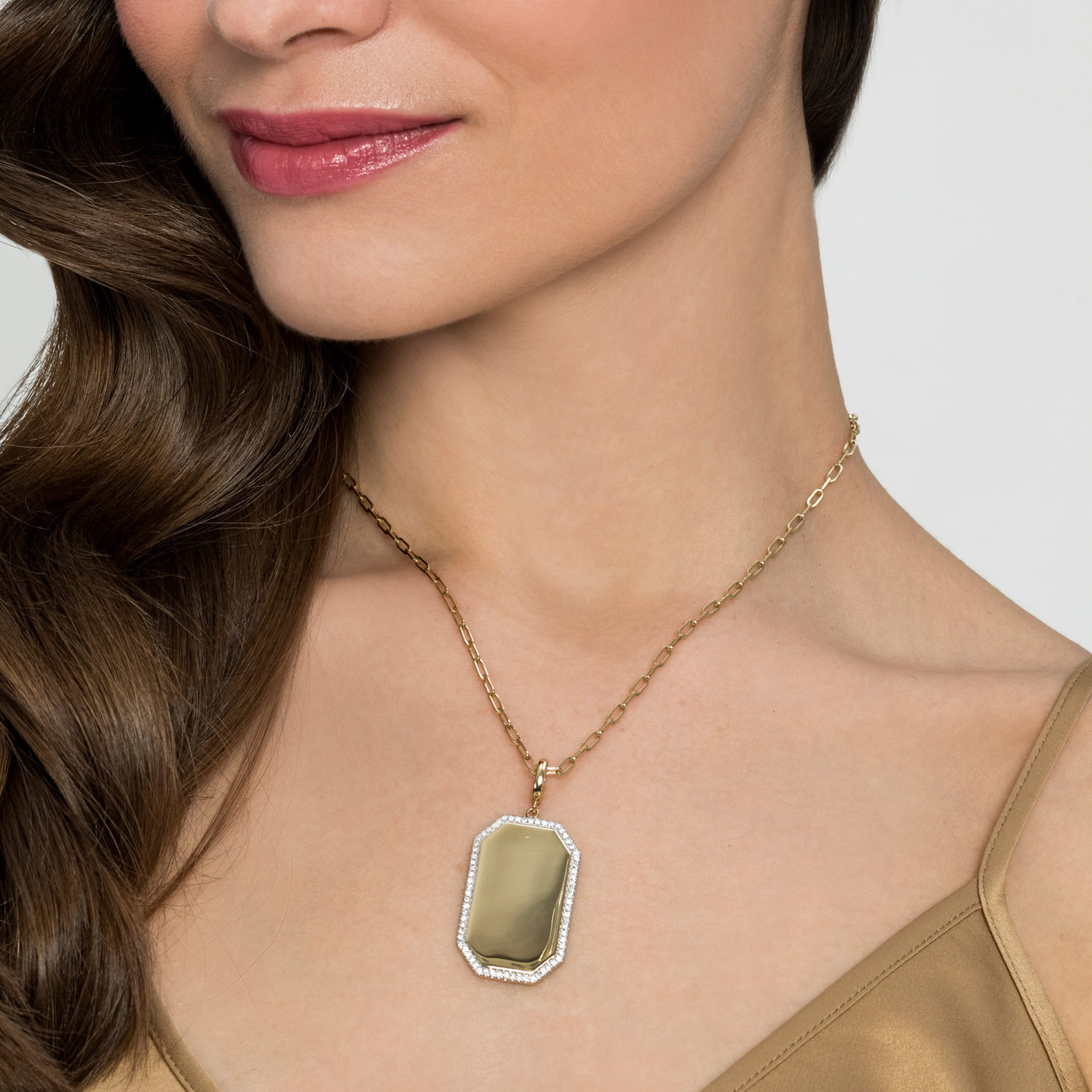 Diamond Personalized Octagonal Shaped Medallion Pendant Necklace with Hollow Paperclip Chain in 14K Yellow Gold, photograph 3