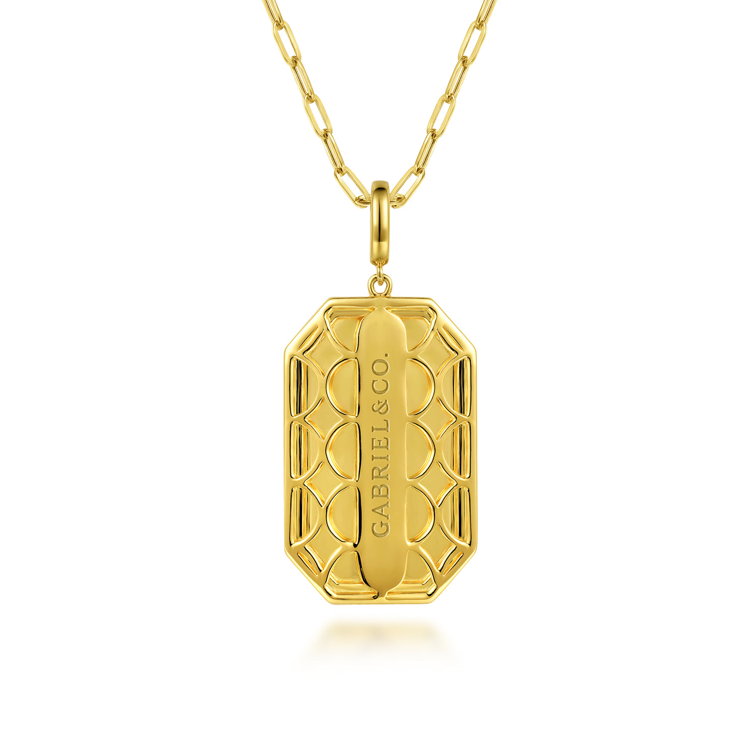 Diamond Personalized Octagonal Shaped Medallion Pendant Necklace with Hollow Paperclip Chain in 14K Yellow Gold, photograph 4