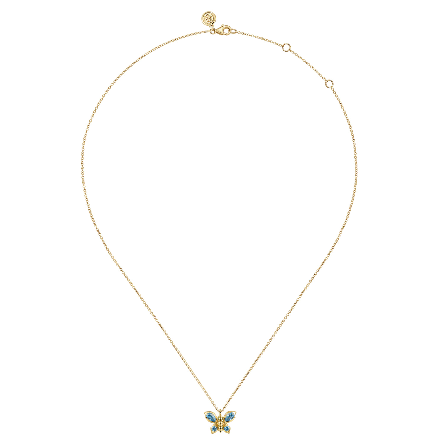 Blue Topaz Butterfly Pendant Necklace in 14K Yellow Gold, photograph 2