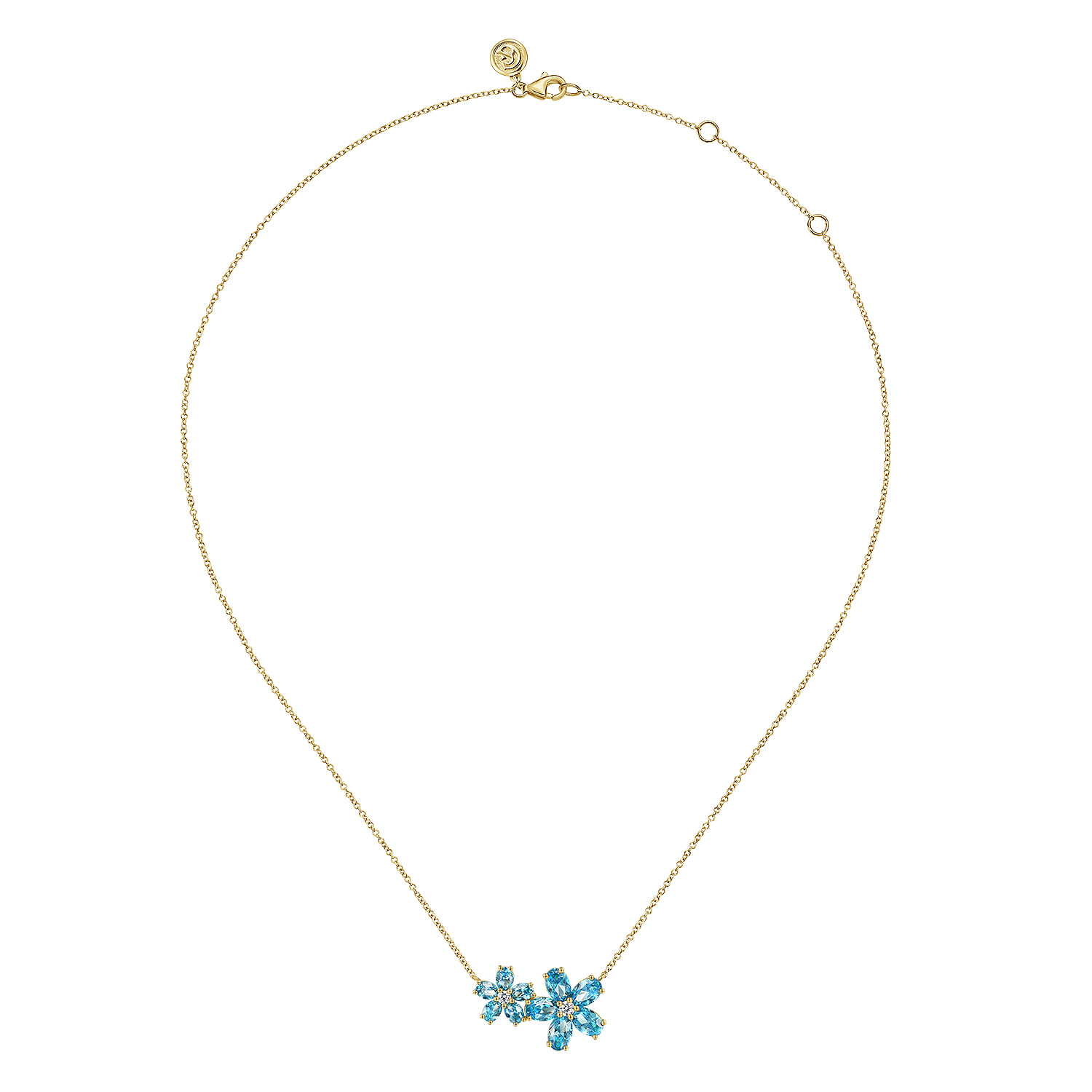 Diamond and Blue Topaz Flower Necklace in 14K Yellow Gold, photograph 2