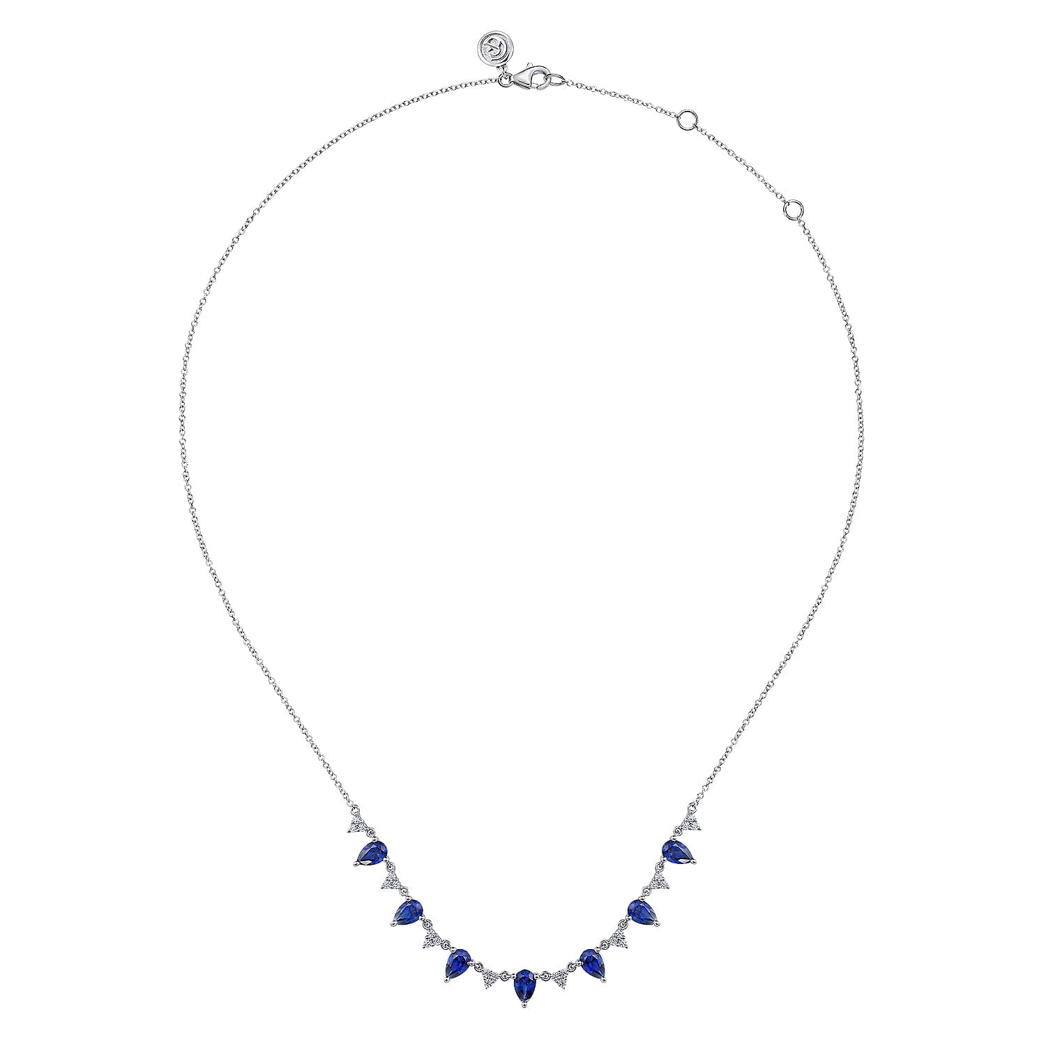 Diamond and Teardrop Blue Sapphire Station Necklace in 14K White Gold, photograph 2