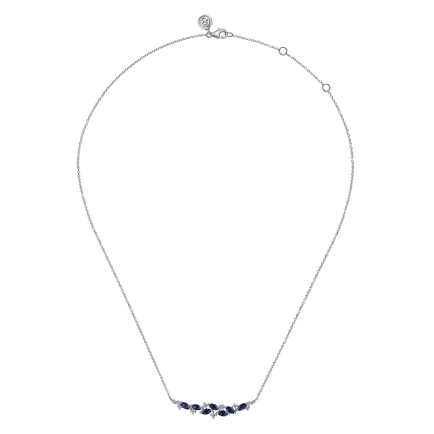 Diamond and Marquise Blue Sapphire Bar Necklace in 14K White Gold, photograph 2