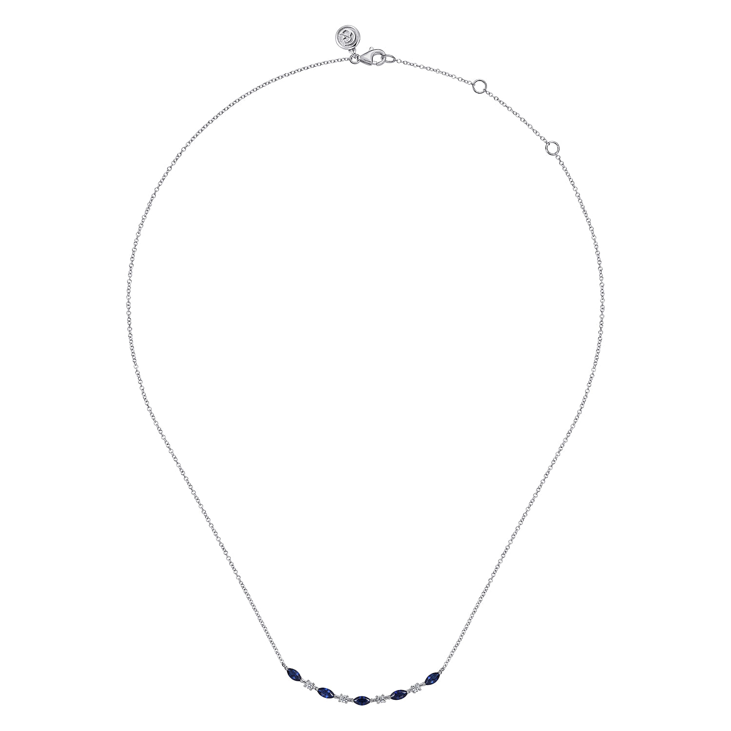 Diamond and Marquise Blue Sapphire Bar Necklace in 14K White Gold, photograph 2