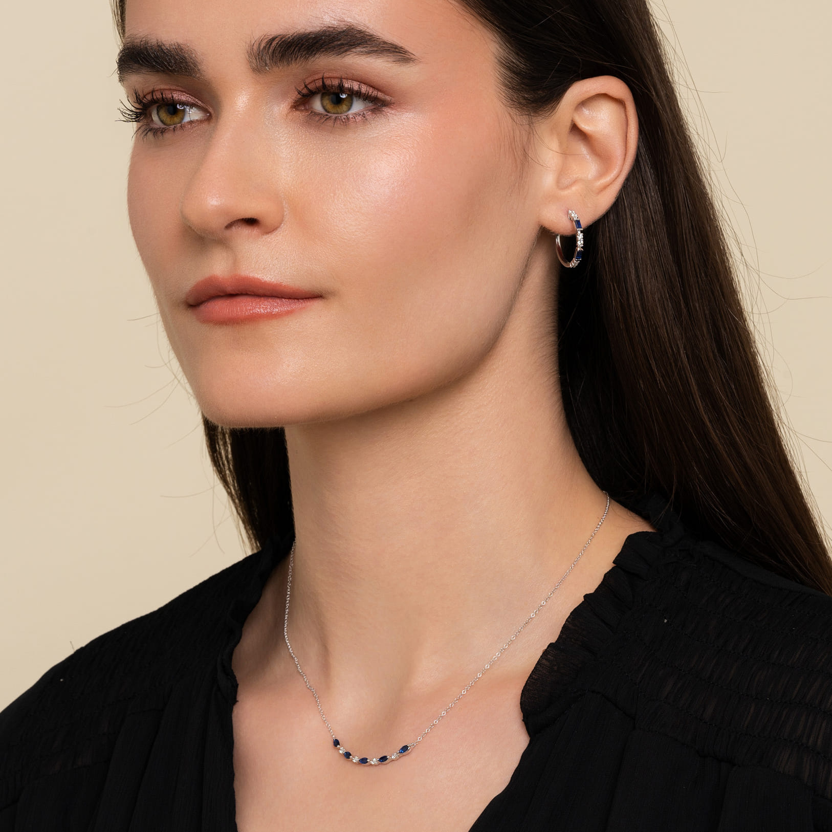 Diamond and Marquise Blue Sapphire Bar Necklace in 14K White Gold, photograph 3