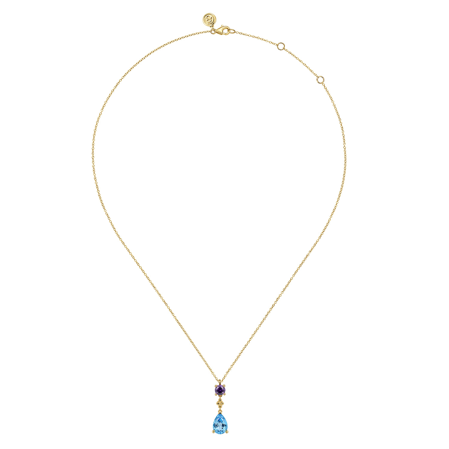 Amethyst and Blue Topaz Teardrop Pendant Necklace in 14K Yellow Gold, photograph 2