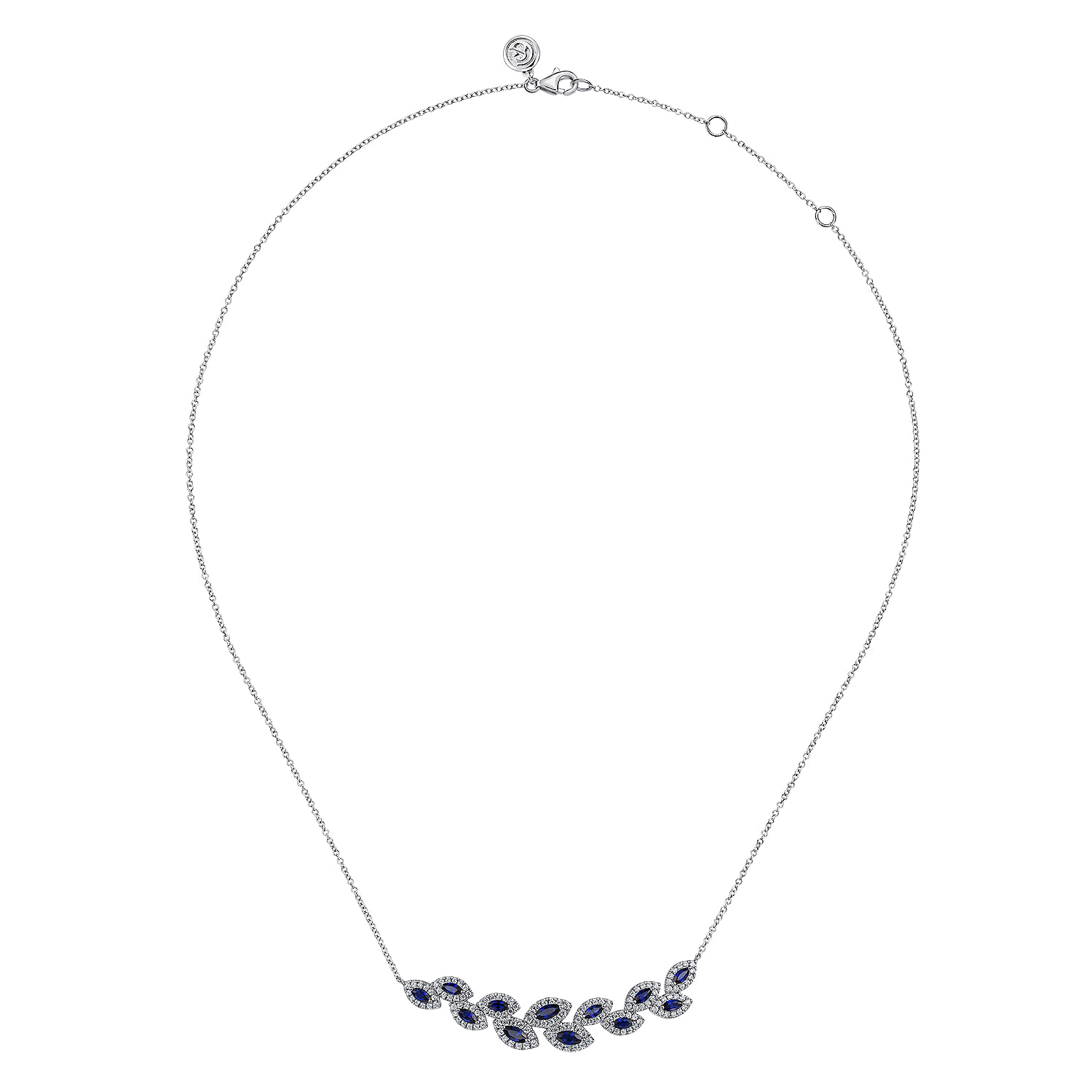 Diamond and Blue Sapphire Floral Bar Necklace in 14K White Gold, photograph 2