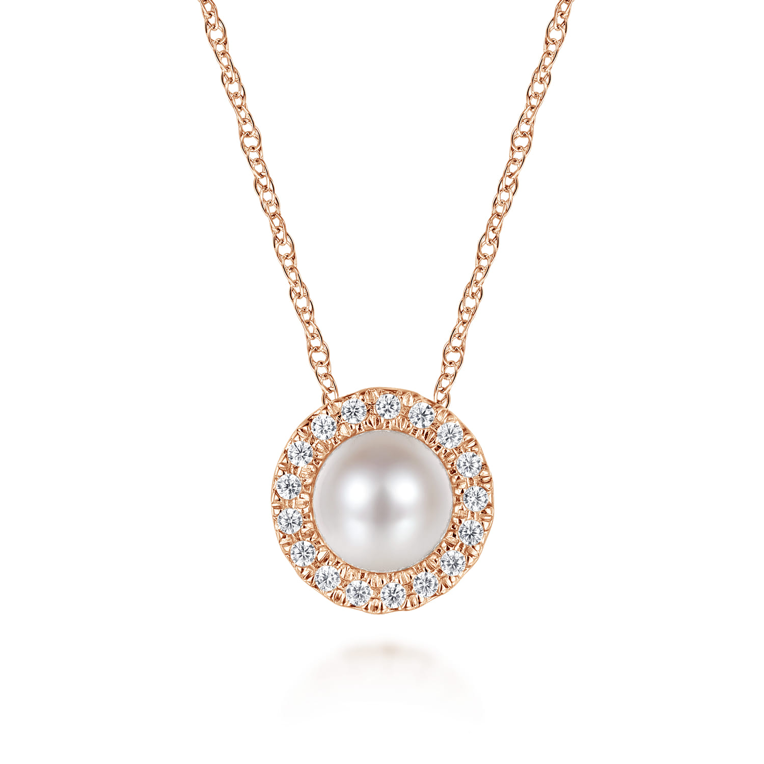 18 Inch Pearl and Diamond Halo Pendant Necklace in 14K Rose Gold