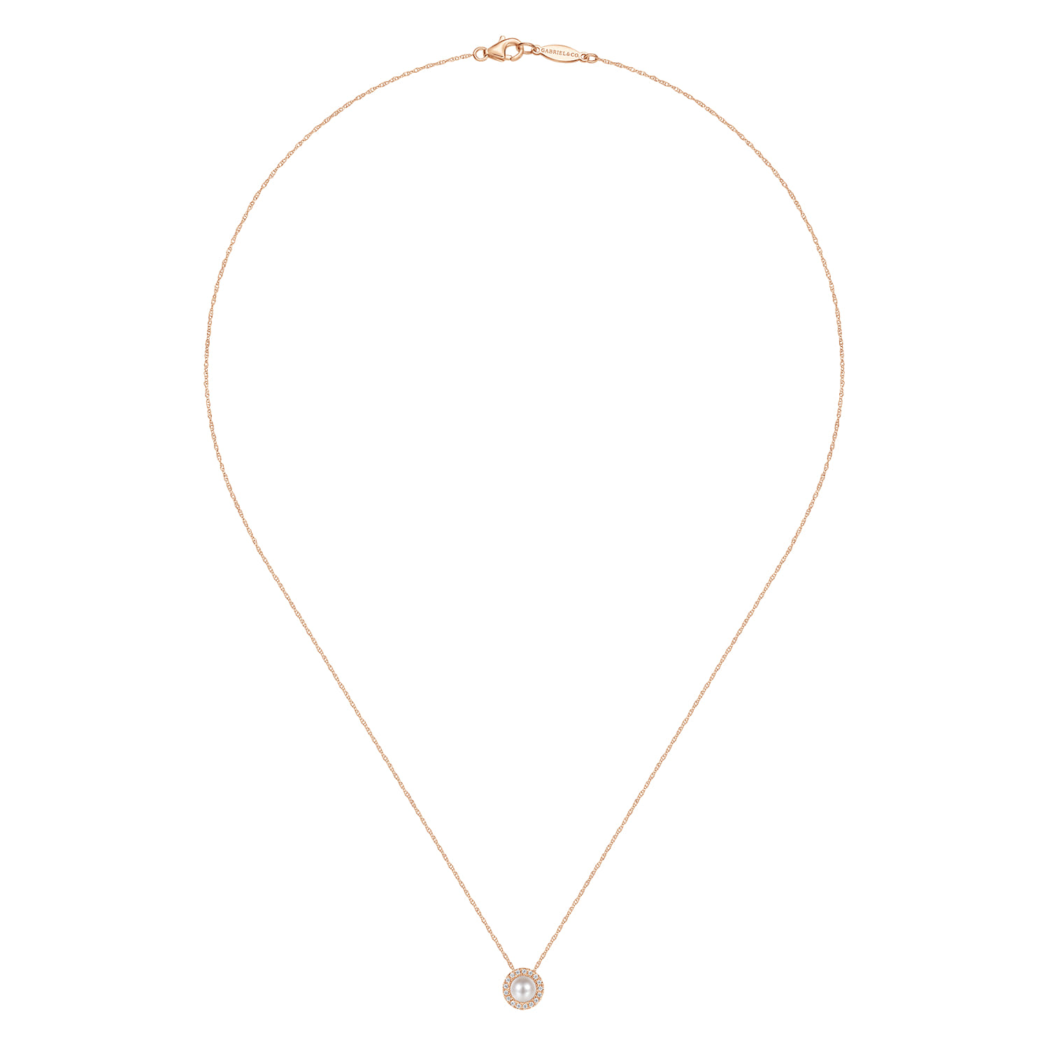 18 Inch Pearl and Diamond Halo Pendant Necklace in 14K Rose Gold, photograph 2