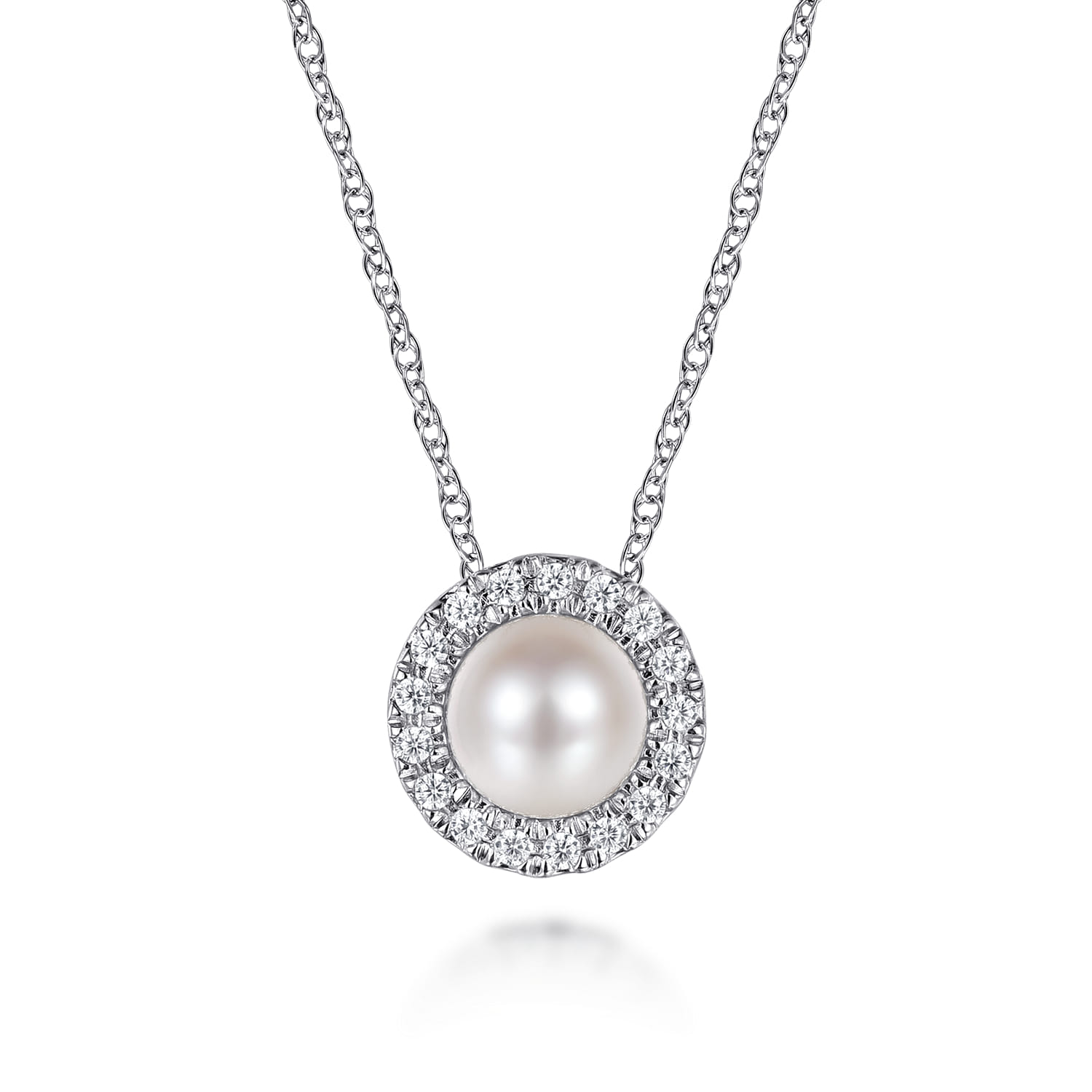 18 Inch Pearl and Diamond Halo Pendant Necklace