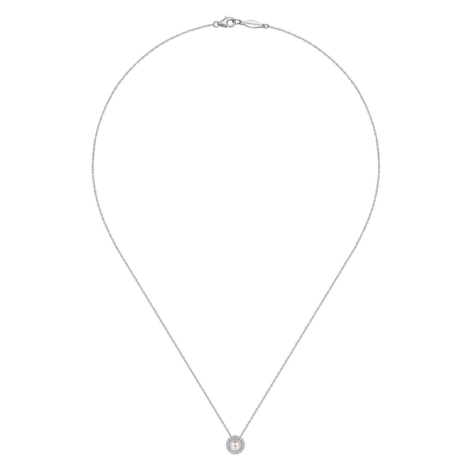 18 Inch Pearl and Diamond Halo Pendant Necklace in 14K White Gold, photograph 2