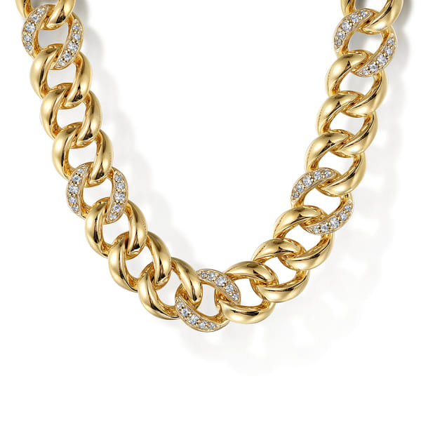 14K Yellow Gold 4mm Solid Cuban Link Chain Necklace with Diamond Stations