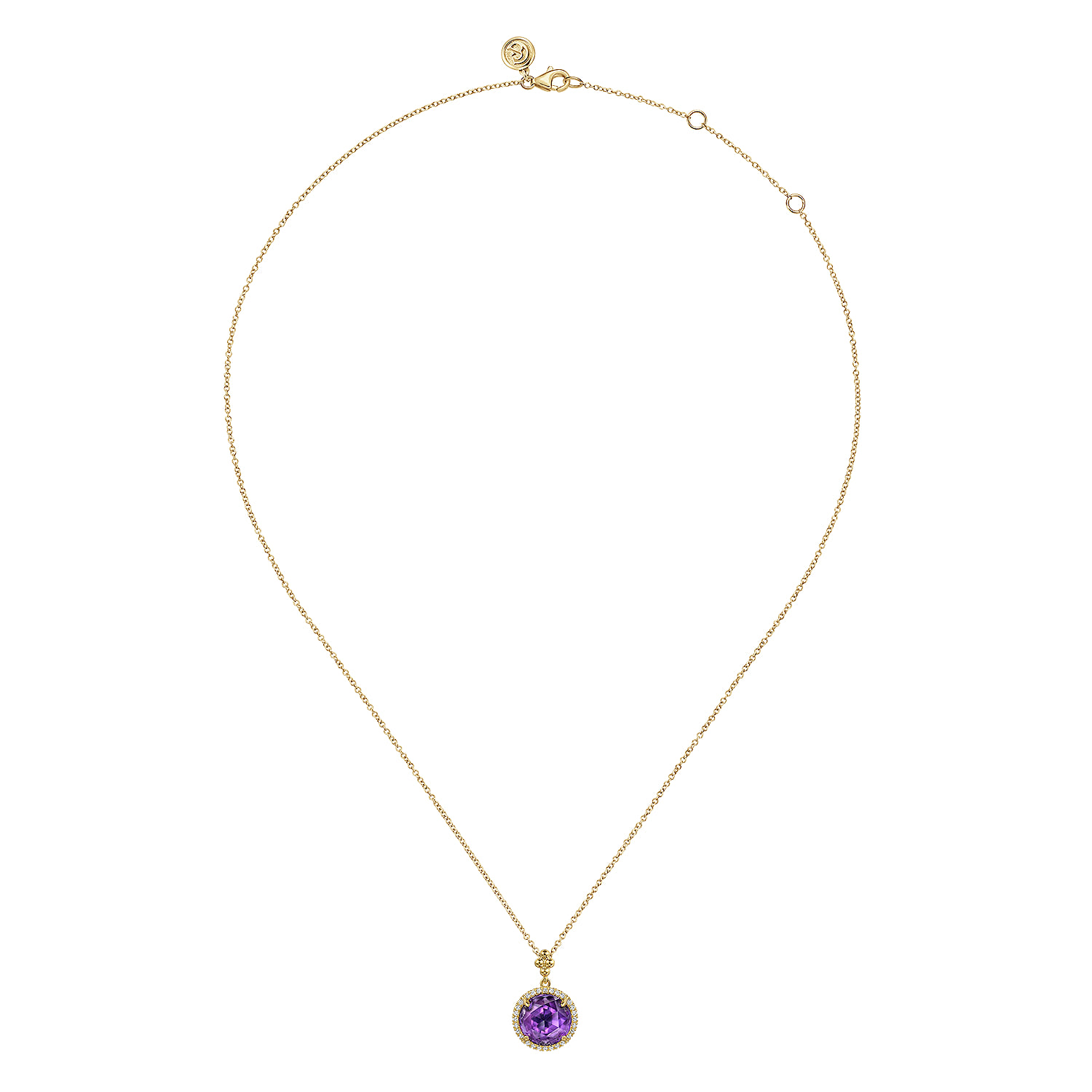 Round Amethysts with Diamond Halo Necklace in 14K Yellow Gold, photograph 2