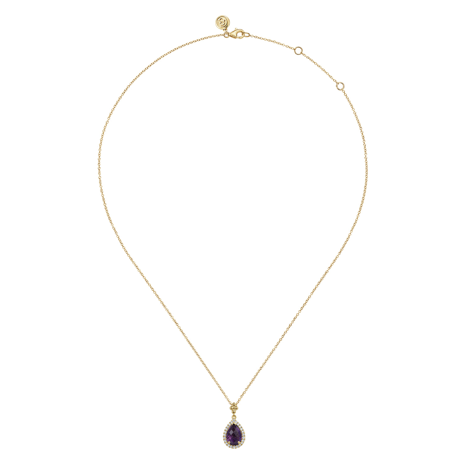 Teardrop Amethyst with Diamond Halo Necklace in 14K Yellow Gold, photograph 2