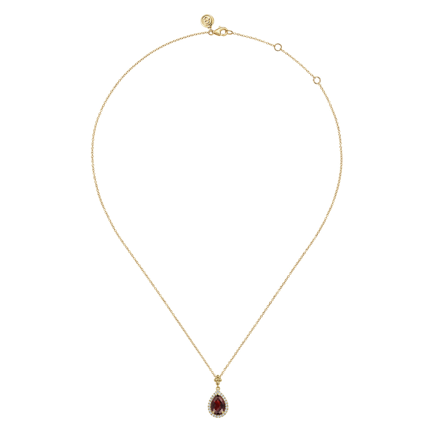 Pear Shape Garnet with Diamond Halo Necklace in 14K Yellow Gold, photograph 2
