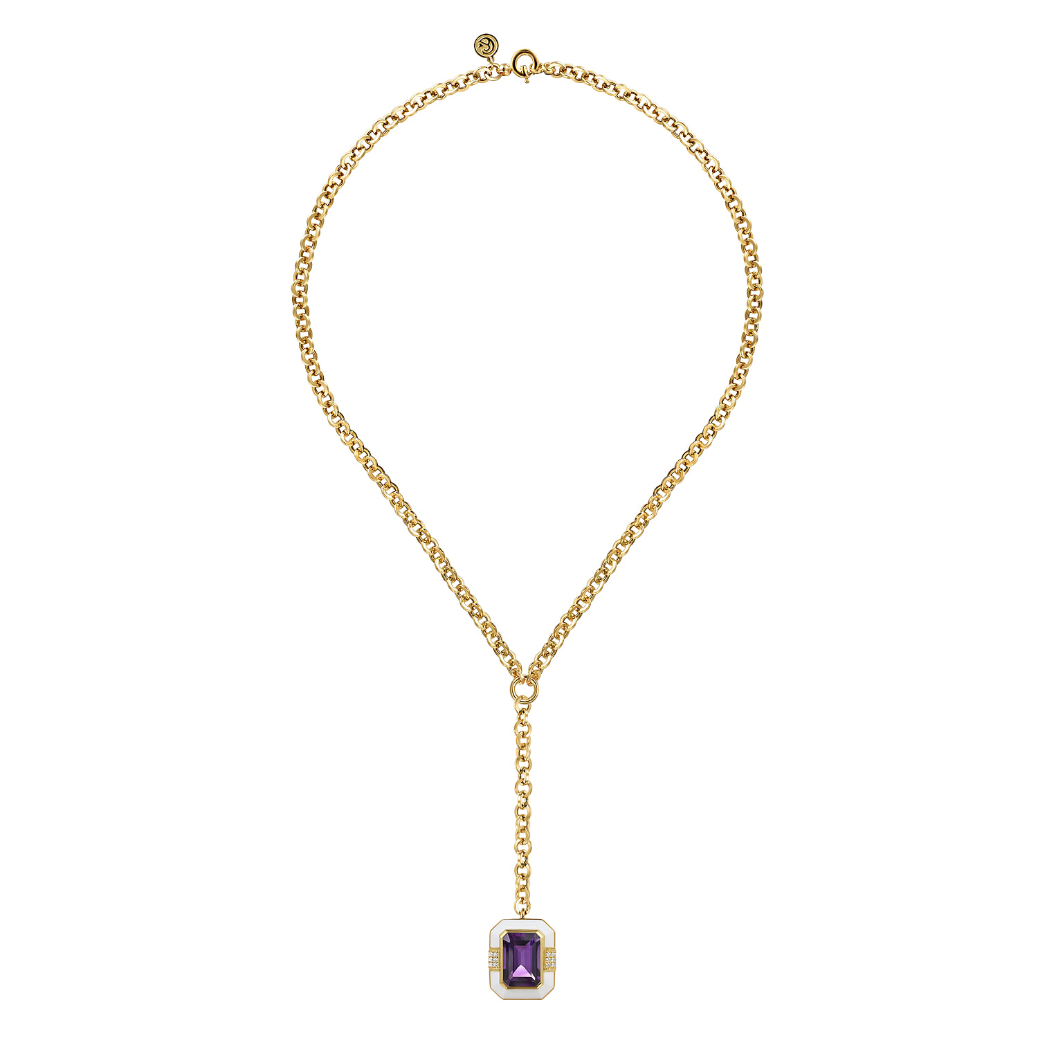 Diamond and Amethyst Y-Layer Necklace With Flower Pattern J-Back and White Enamel in 14K Yellow Gold, photograph 2