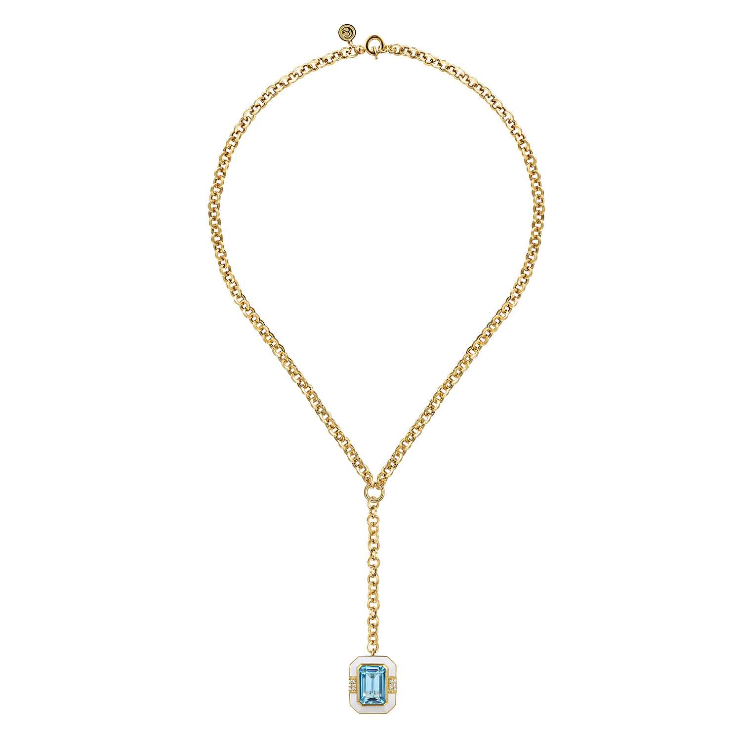 Diamond and Blue Topaz Y-Layer Necklace With Flower Pattern J-Back and White Enamel in 14K Yellow Gold, photograph 2