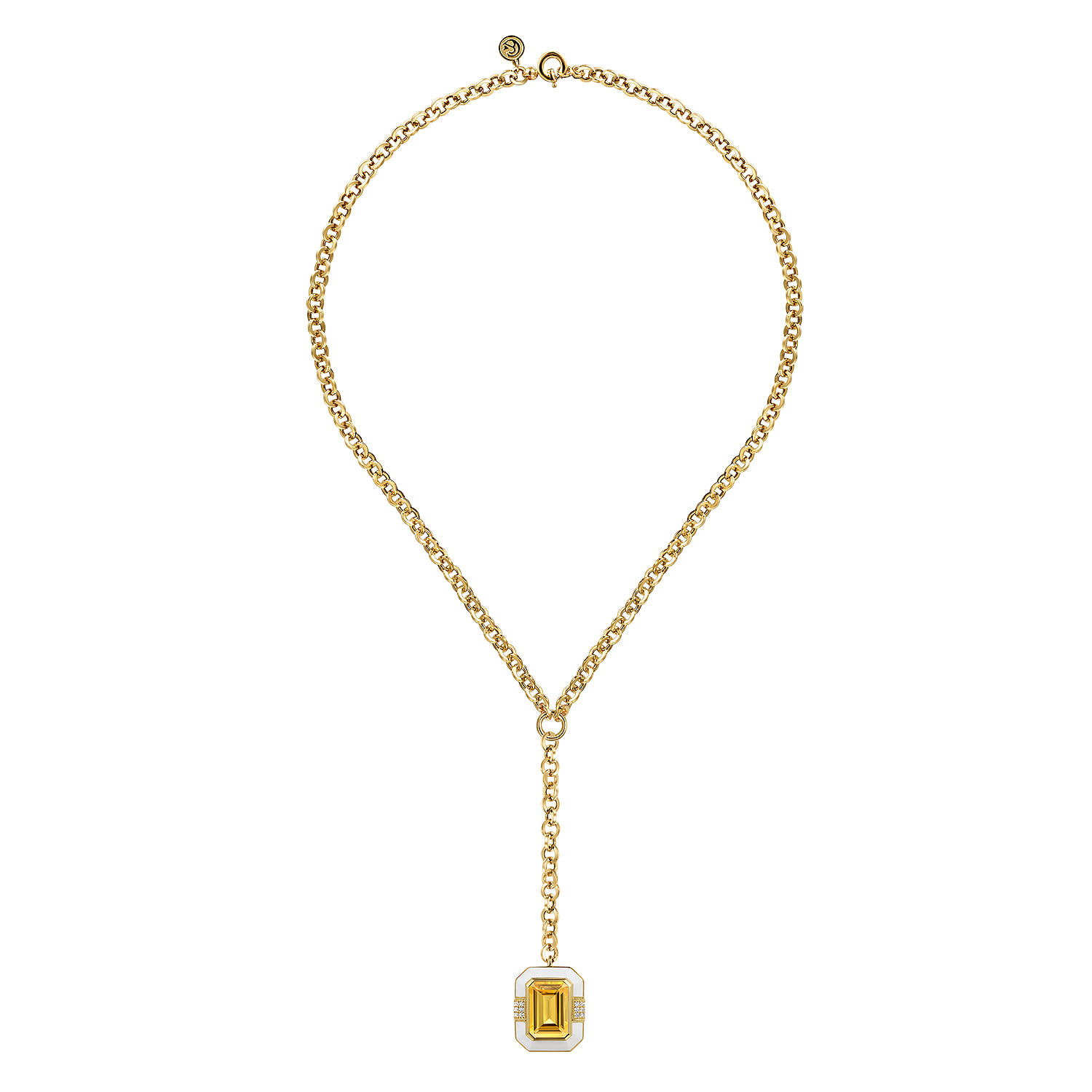 Diamond and Citrine Y-Layer Necklace With Flower Pattern J-Back and White Enamel in 14K Yellow Gold, photograph 2