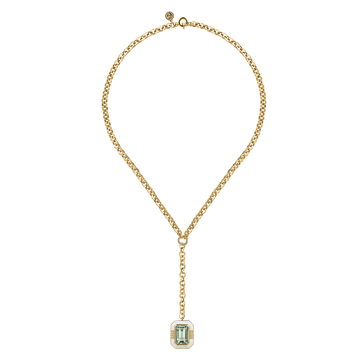 Diamond and Green Amethyst Y-Layer Necklace With Flower Pattern J-Back and White Enamel in 14K Yellow Gold, photograph 2