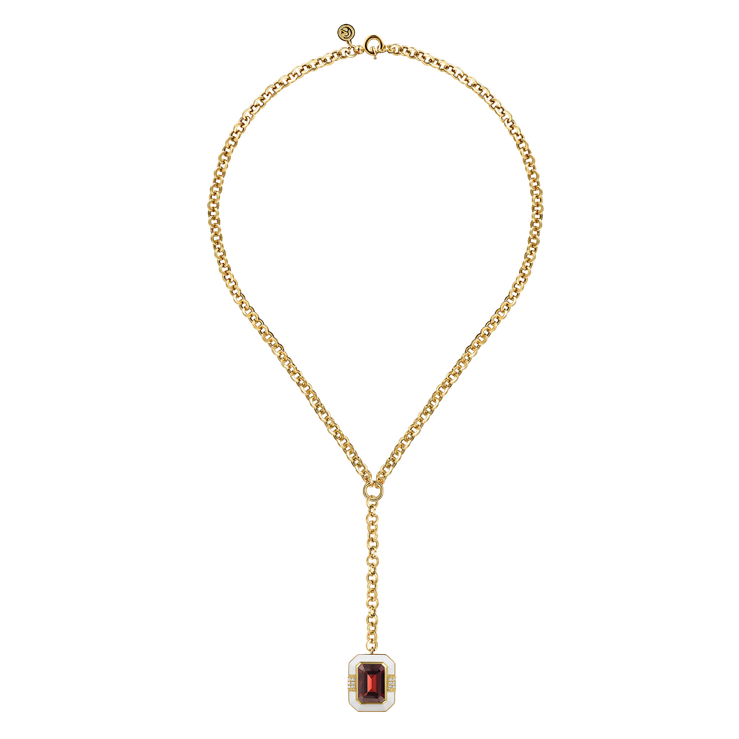 Diamond and Garnet Y-Layer Necklace With Flower Pattern J-Back and White Enamel in 14K Yellow Gold, photograph 2