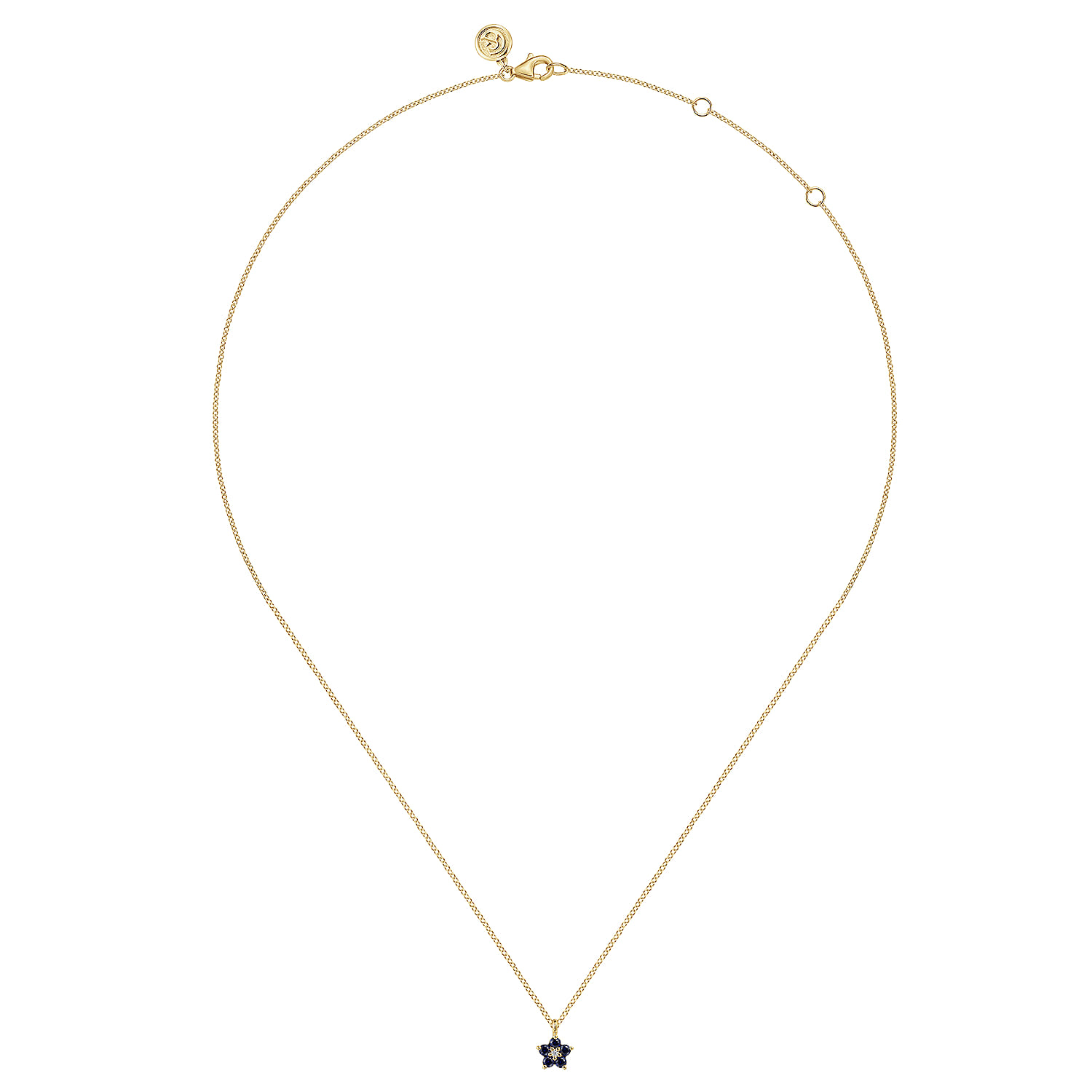 Diamond and Sapphire Flower Pendant Necklace in 14K Yellow Gold, photograph 2