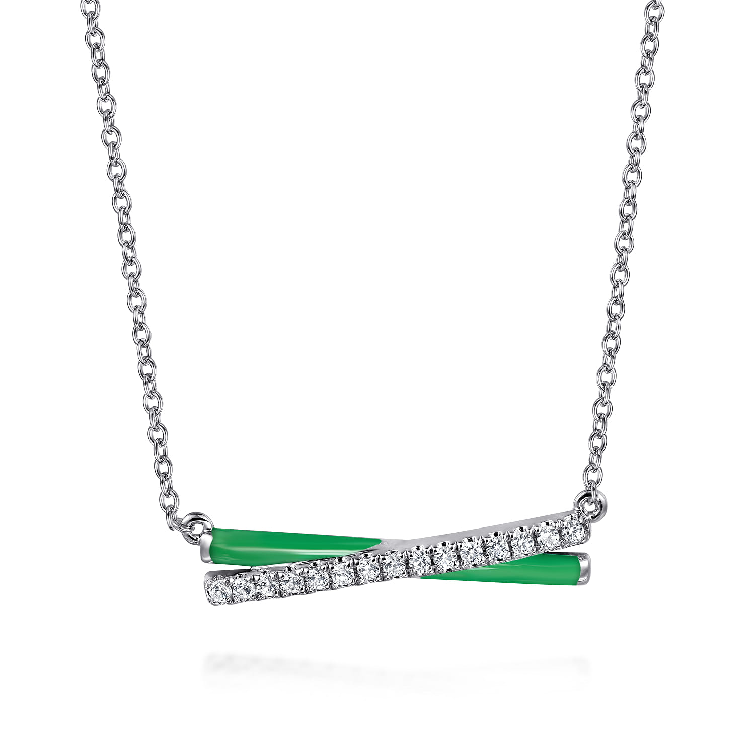 White Sapphire Criss Cross Bar Necklace with Emerald Green Enamel