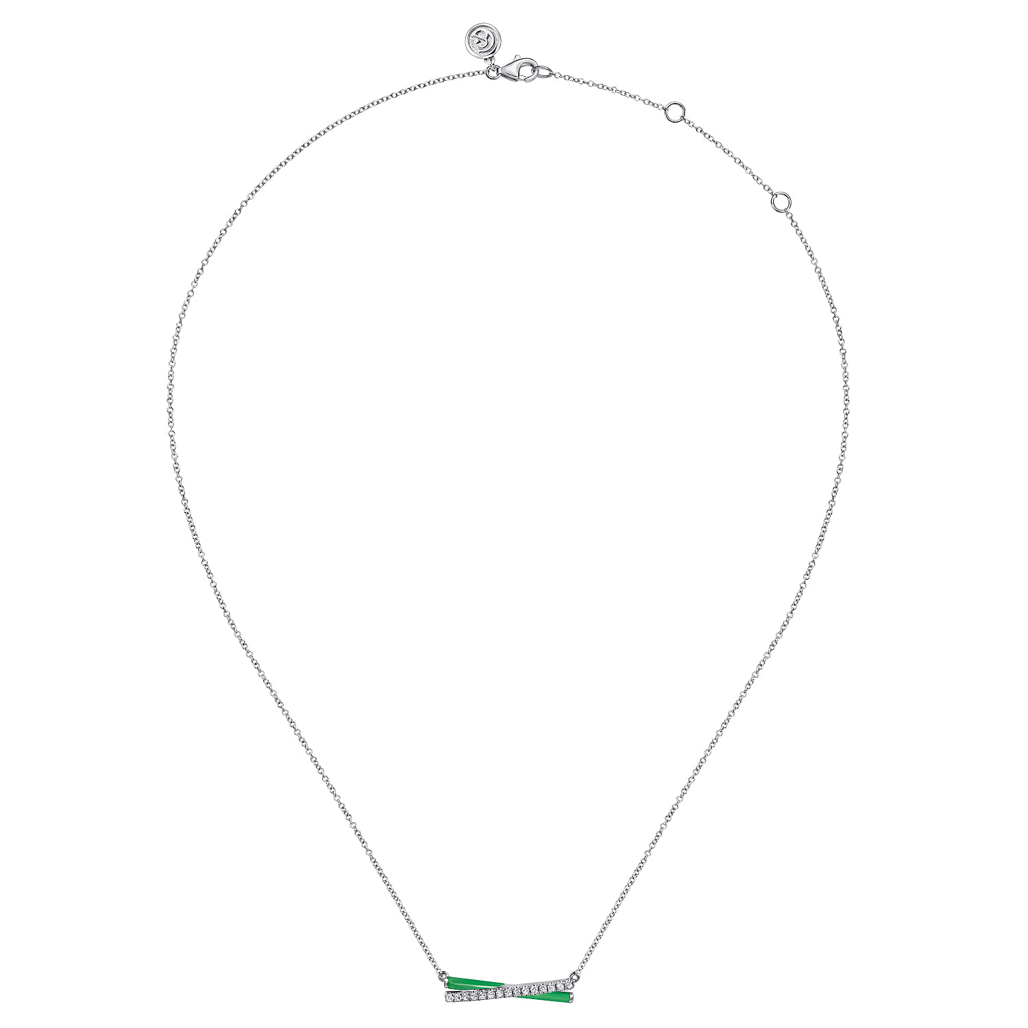 White Sapphire Criss Cross Bar Necklace with Emerald Green Enamel in Sterling Silver, photograph 2
