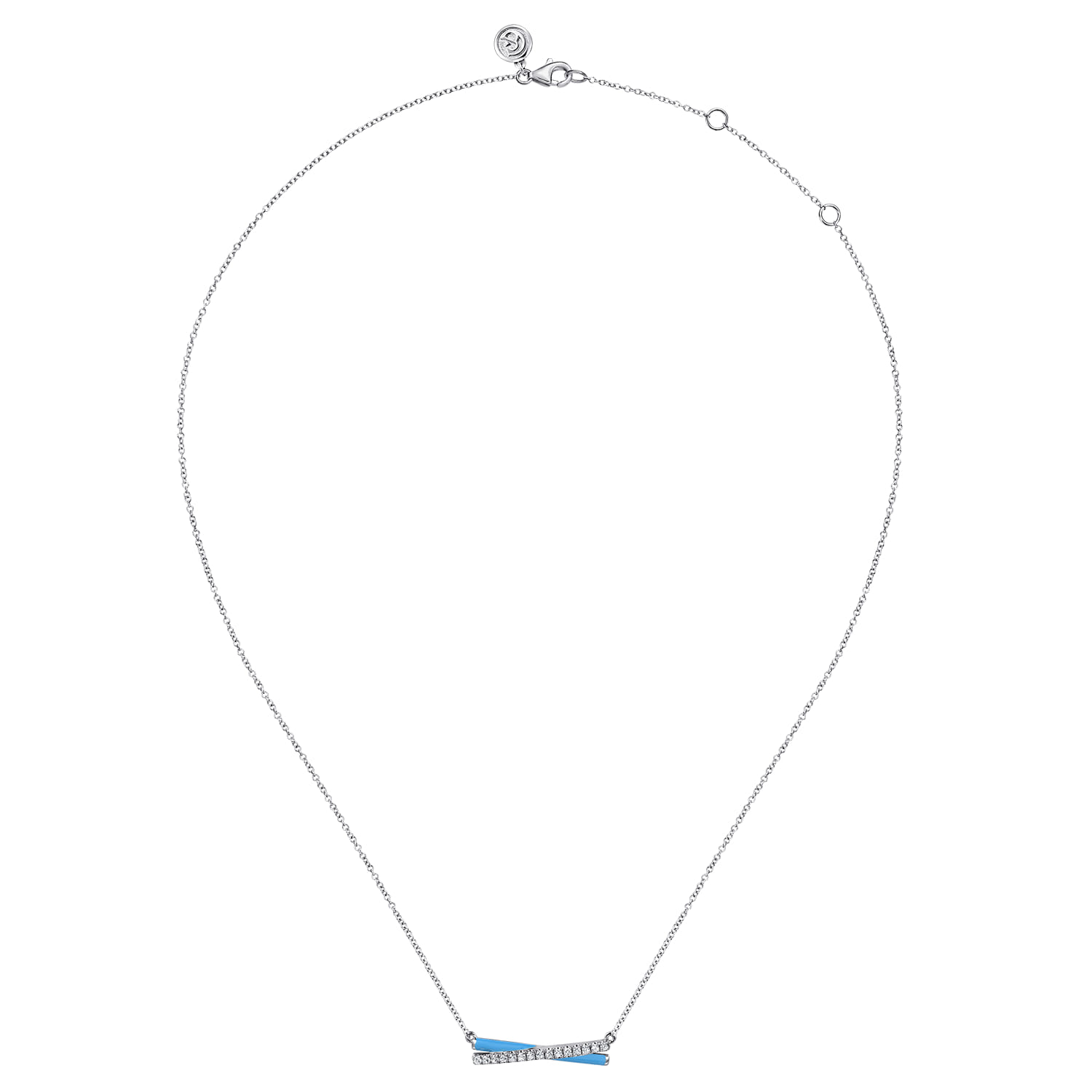 White Sapphire Criss Cross Bar Necklace with Emerald Green Enamel in Sterling Silver, photograph 2