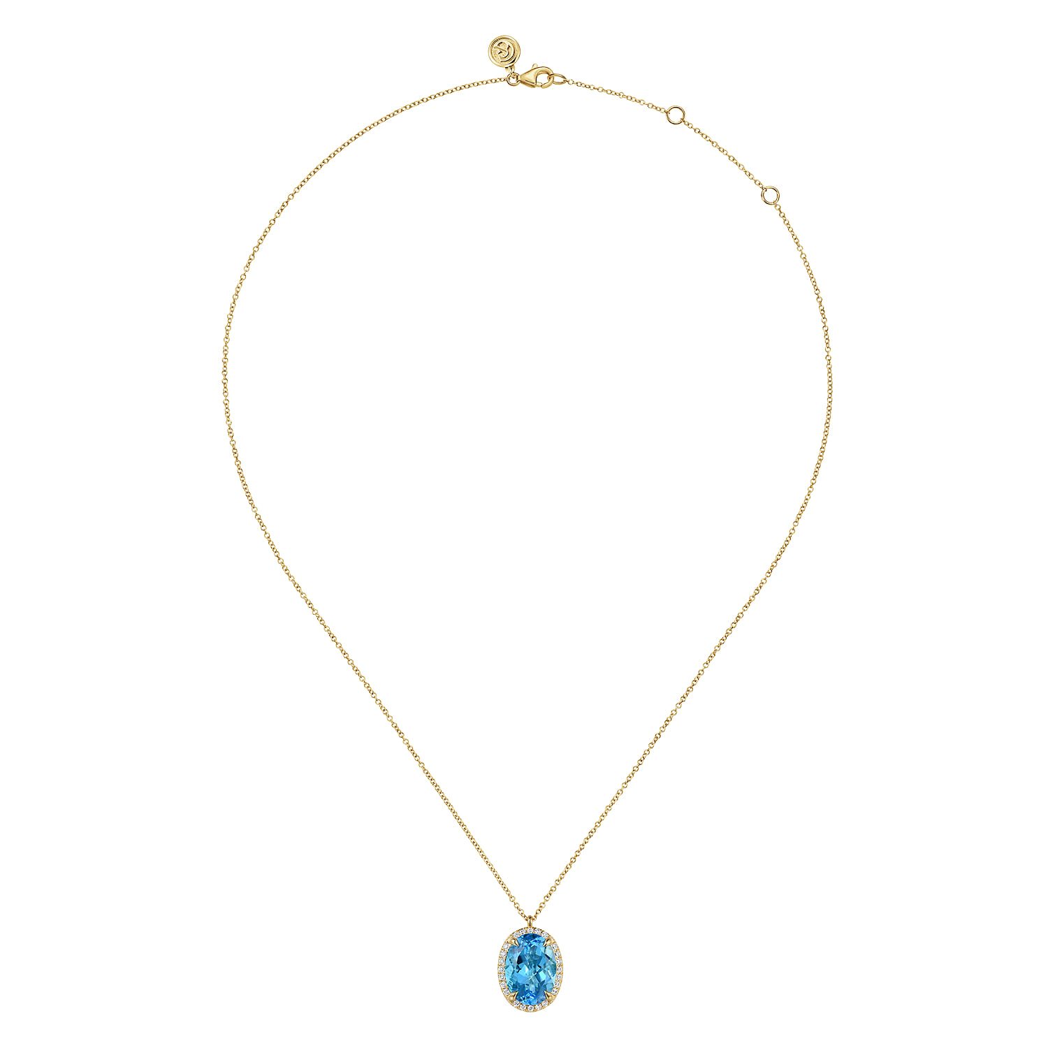 Diamond and Oval Shape Blue Topaz Necklace With Flower Pattern J-Back in 14K Yellow Gold, photograph 2