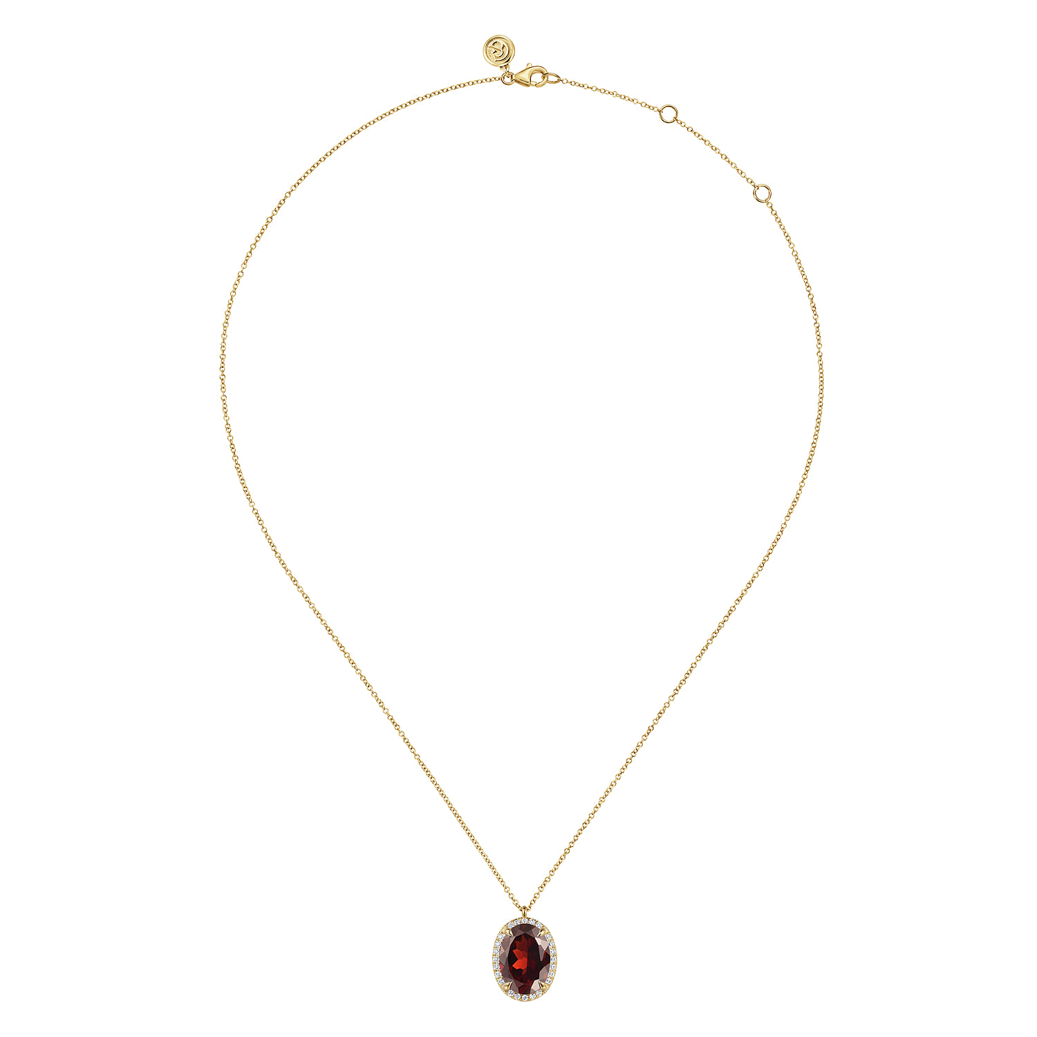 Diamond and Oval Shape Garnet Necklace With Flower Pattern J-Back in 14K Yellow Gold, photograph 2