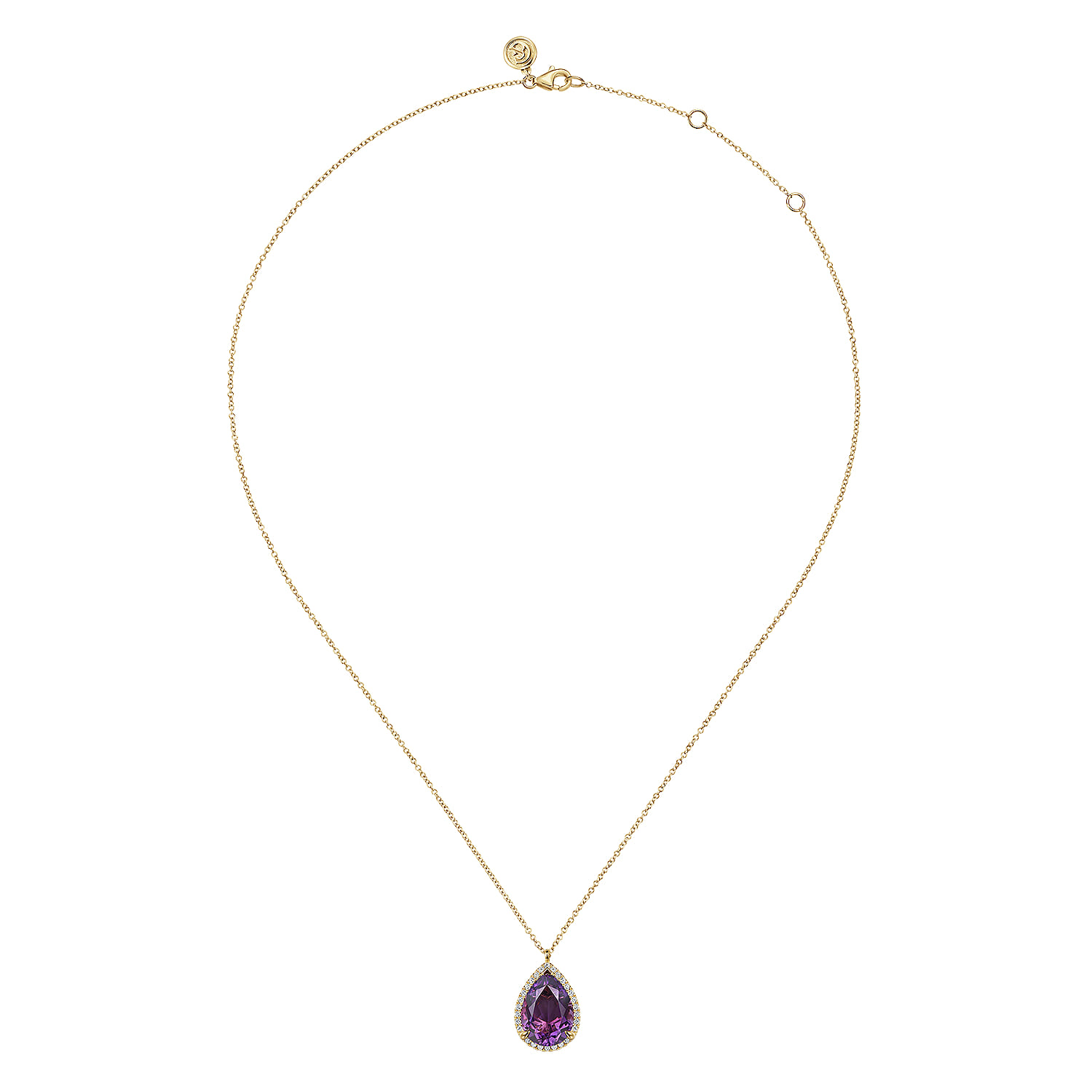 Diamond and Flat Teardrop Amethyst Necklace With Flower Pattern J-Back in 14K Yellow Gold, photograph 2