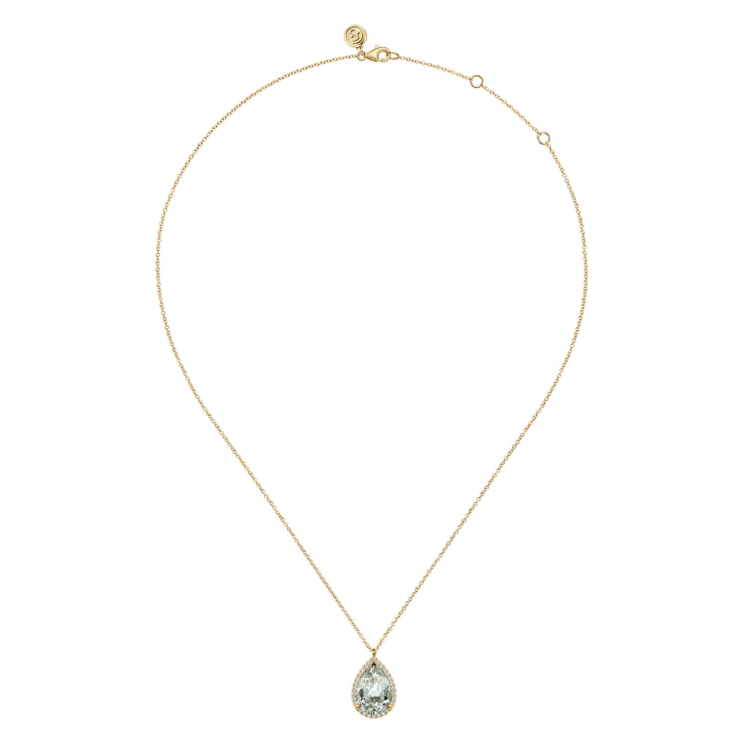 Diamond and Flat Teardrop Green Amethyst Necklace With Flower Pattern J-Back in 14K Yellow Gold, photograph 2