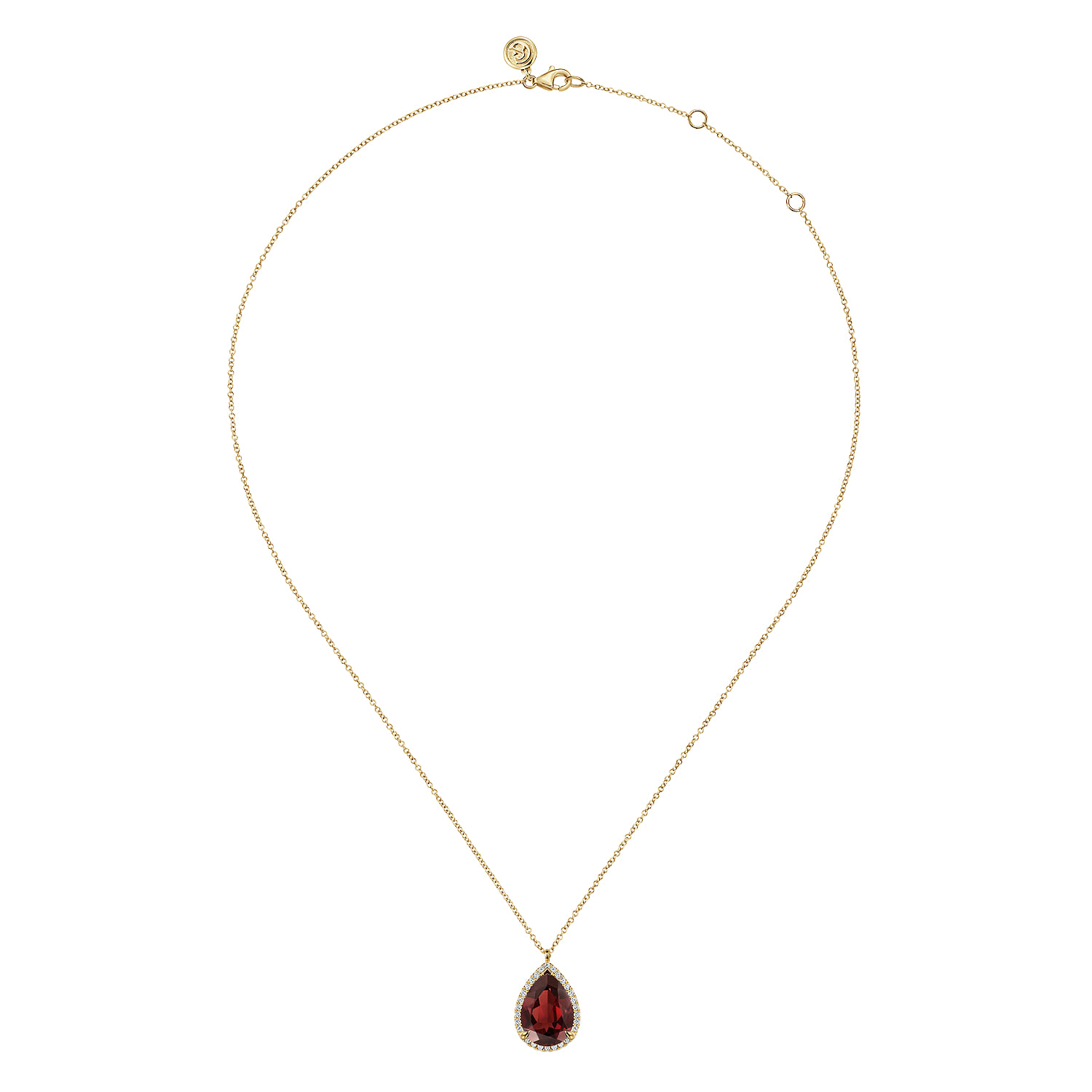 Diamond and Flat Teardrop Garnet Necklace With Flower Pattern J-Back in 14K Yellow Gold, photograph 2