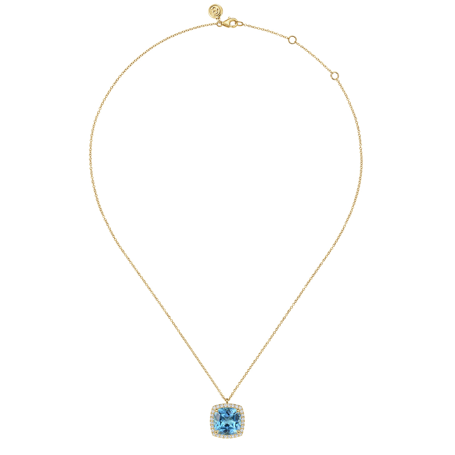 Diamond and Blue Topaz Cushion Cut Necklace With Flower Pattern J-Back in 14K Yellow Gold, photograph 2