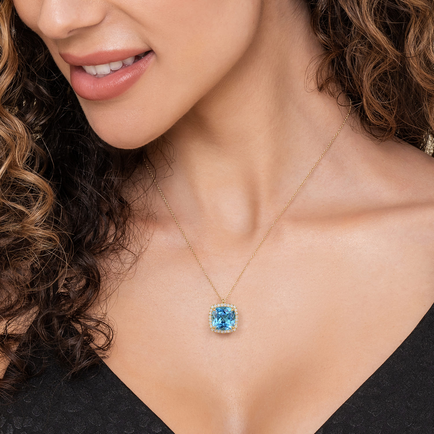Diamond and Blue Topaz Cushion Cut Necklace With Flower Pattern J-Back in 14K Yellow Gold, photograph 3