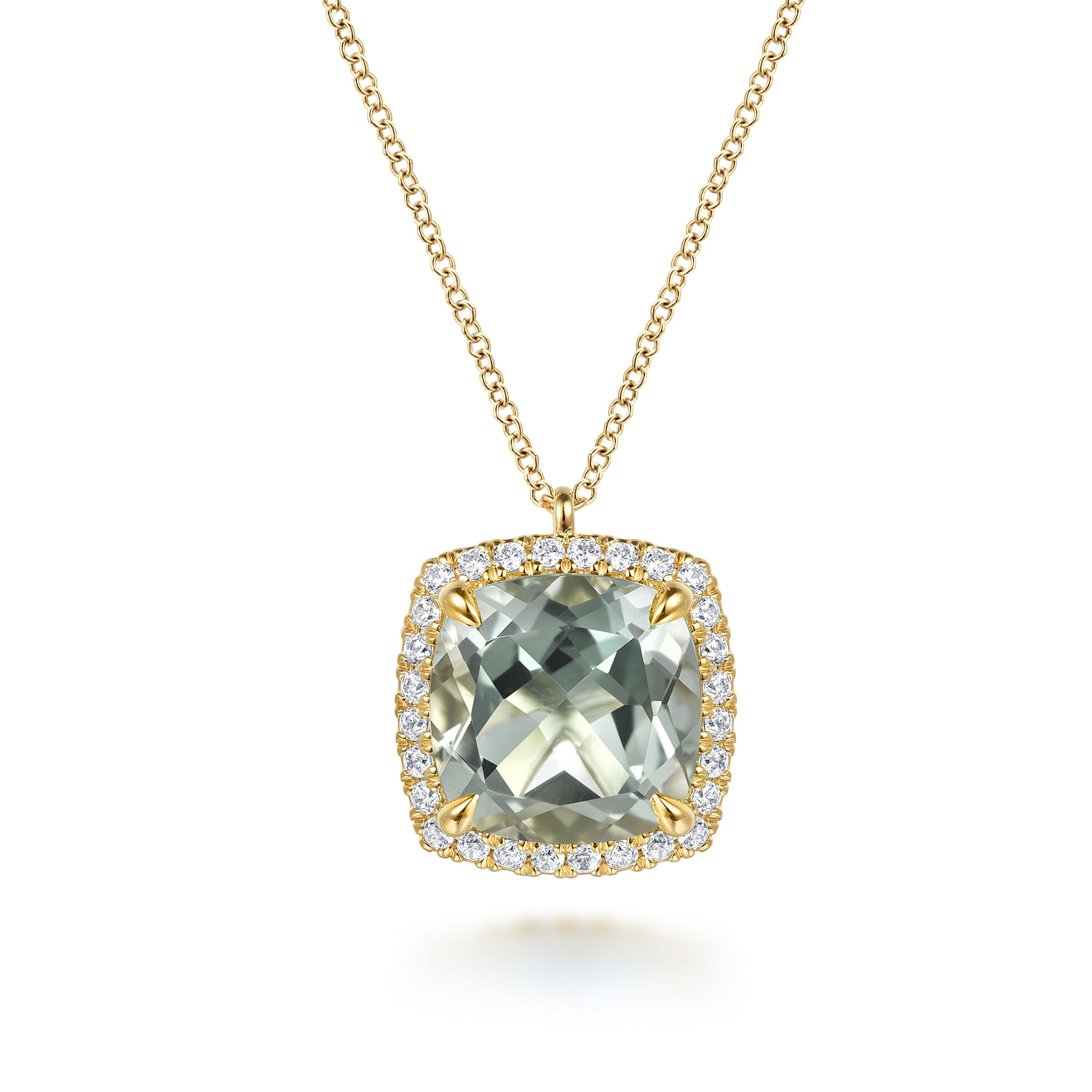 Diamond and Green Amethyst Cushion Cut Necklace with Flower Pattern J-Back